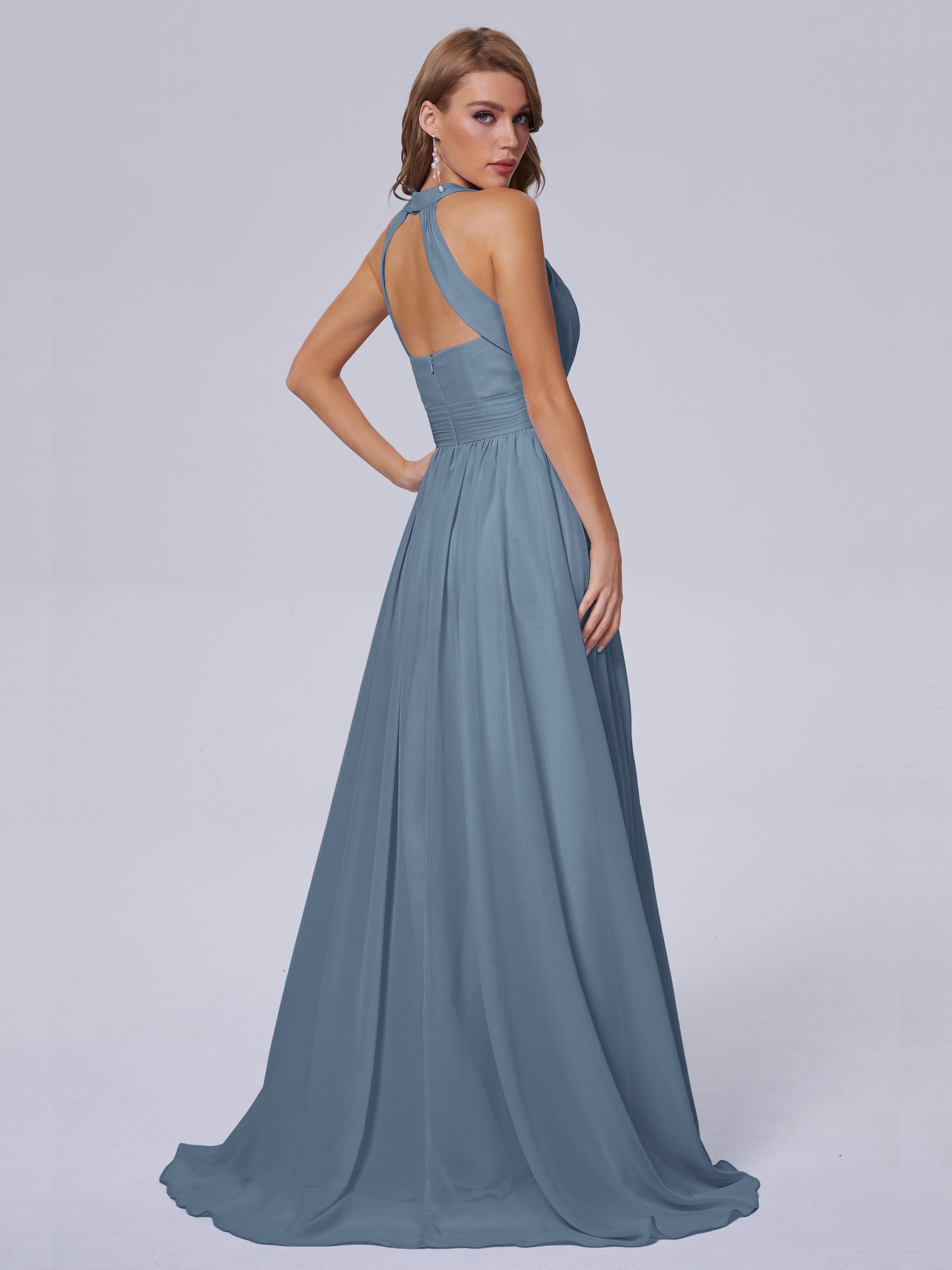 Robes De Demoiselle D'Honneur Bleu De Schiste Balayage Traîne Mousseline Robes Demoiselle D'Honneur