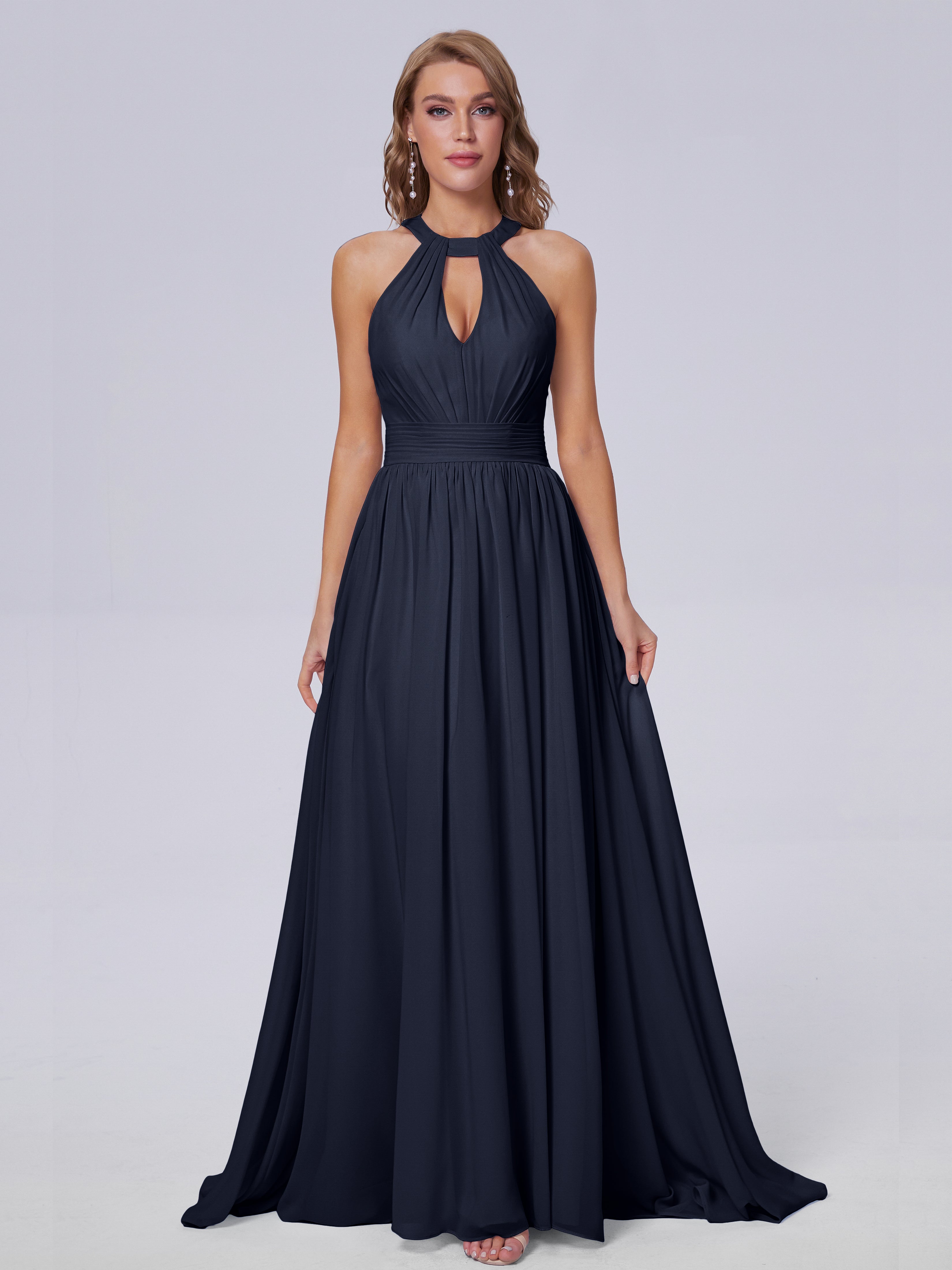 Longues Robes De Demoiselle D'Honneur Bleu Marine Balayage Traîne Mousseline Robes Demoiselle D'Honneur