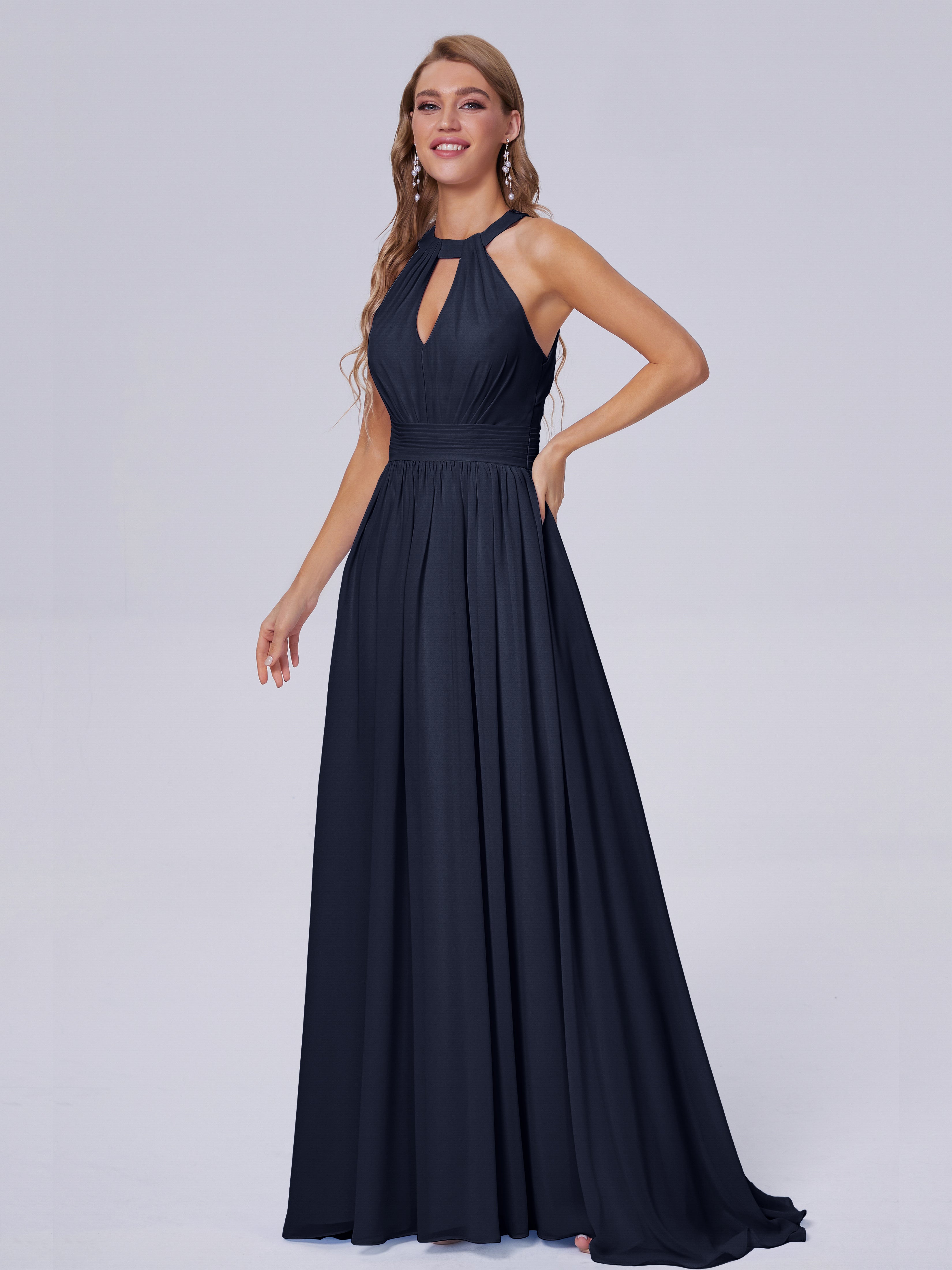 Longues Robes De Demoiselle D'Honneur Bleu Marine Balayage Traîne Mousseline Robes Demoiselle D'Honneur