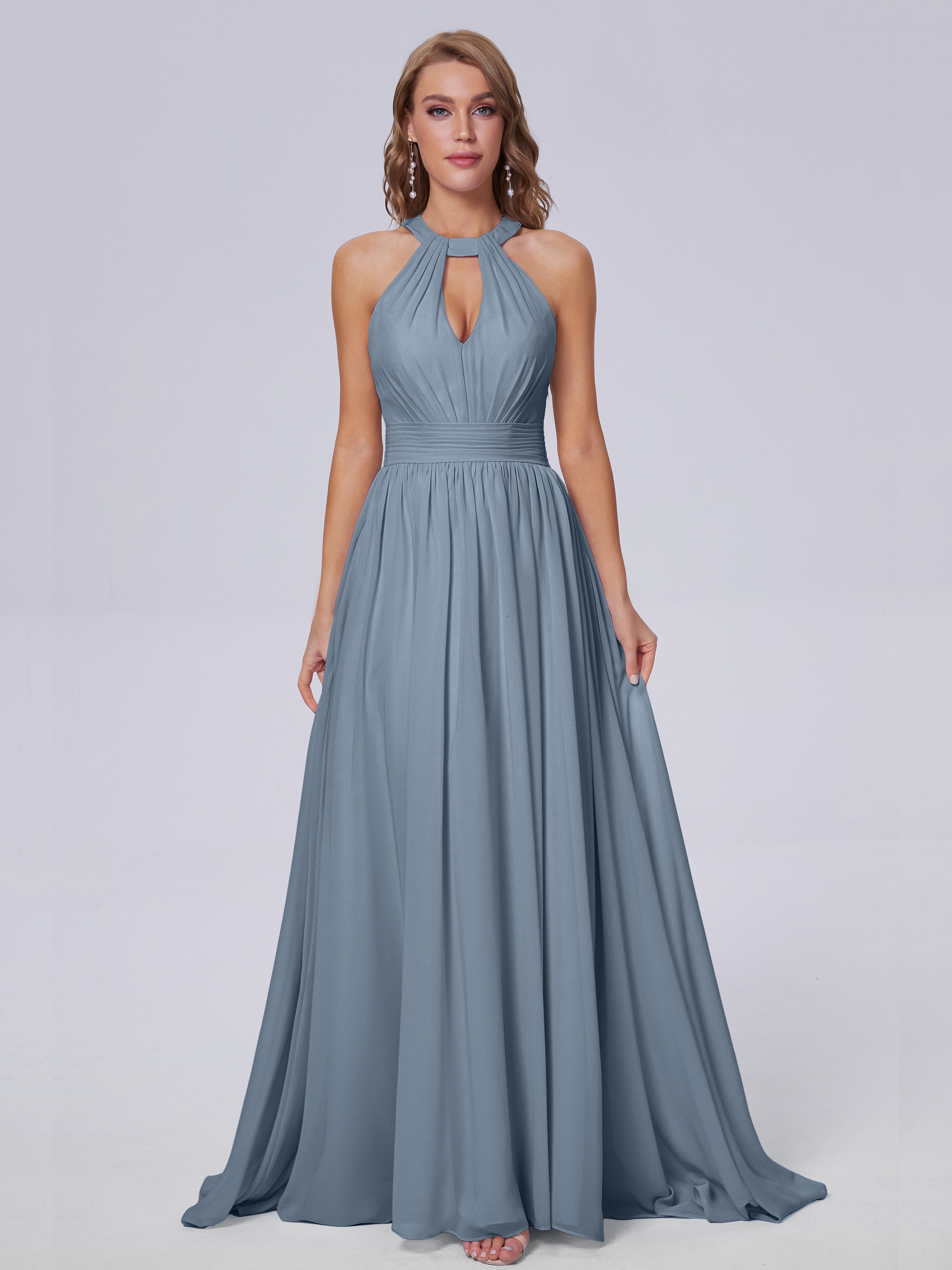 Robes De Demoiselle D'Honneur Bleu Gris Balayage Traîne Mousseline Robes Demoiselle D'Honneur