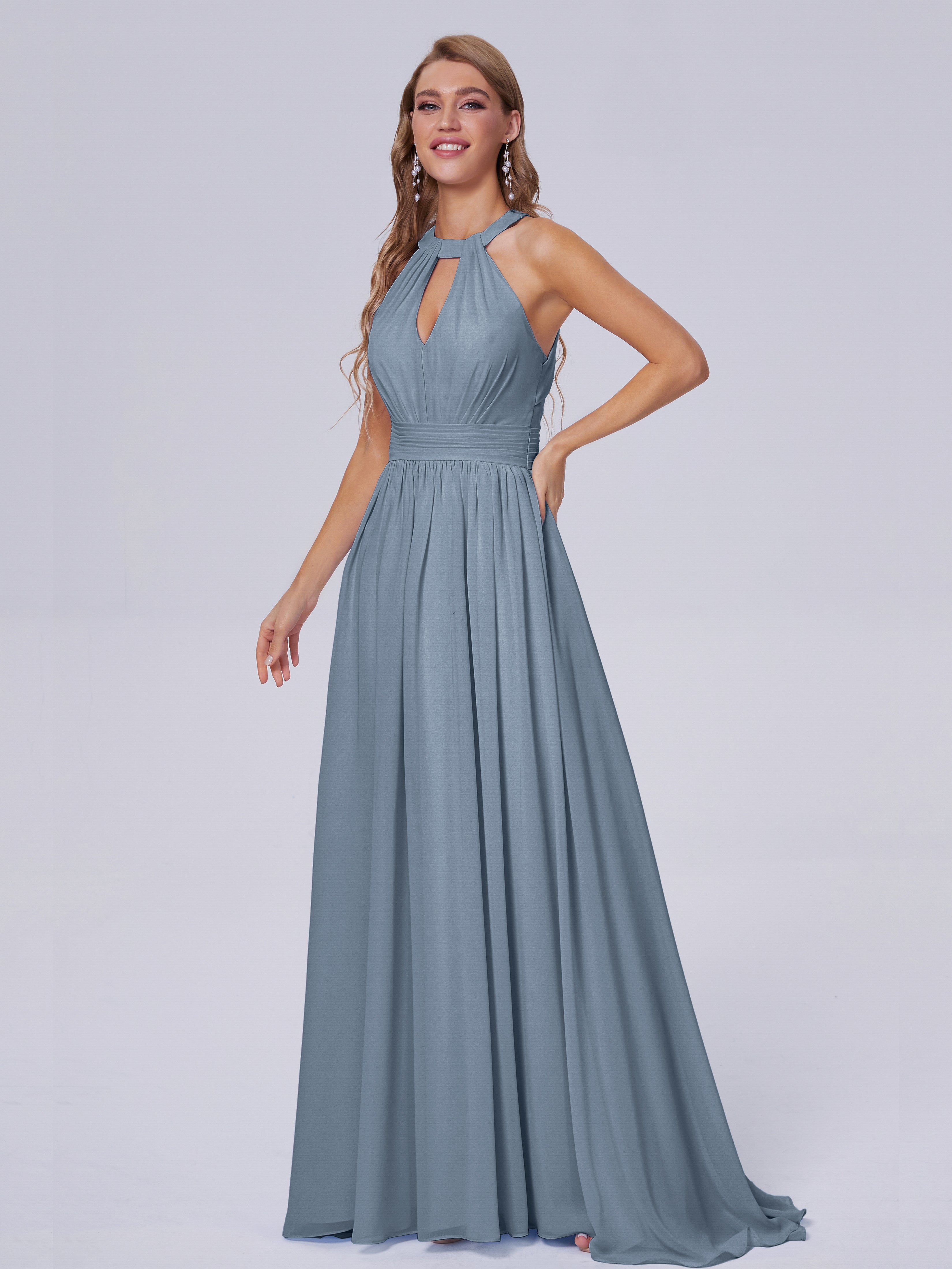 Robes De Demoiselle D'Honneur Bleu Gris Balayage Traîne Mousseline Robes Demoiselle D'Honneur