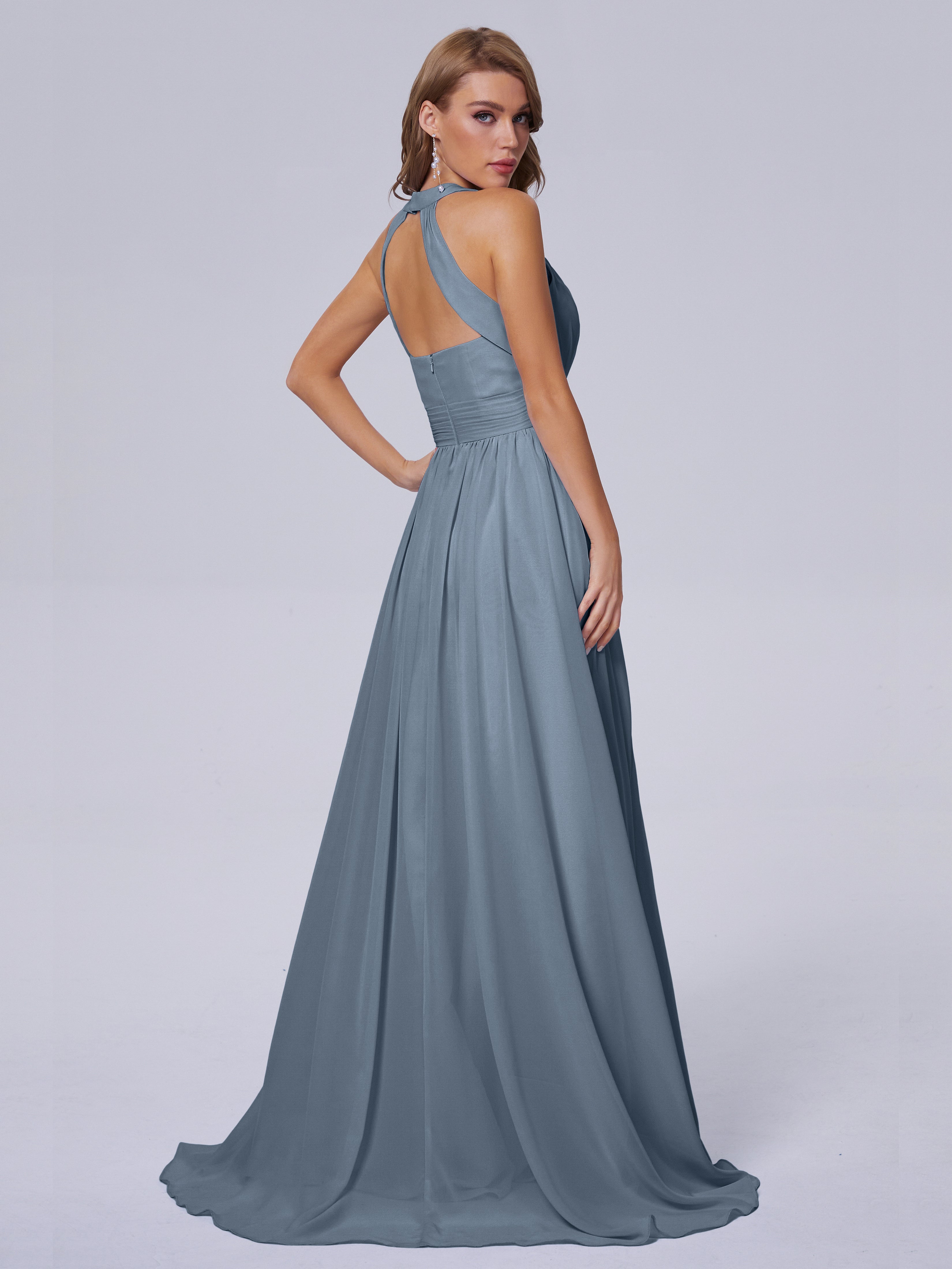 Robes De Demoiselle D'Honneur Bleu Gris Balayage Traîne Mousseline Robes Demoiselle D'Honneur