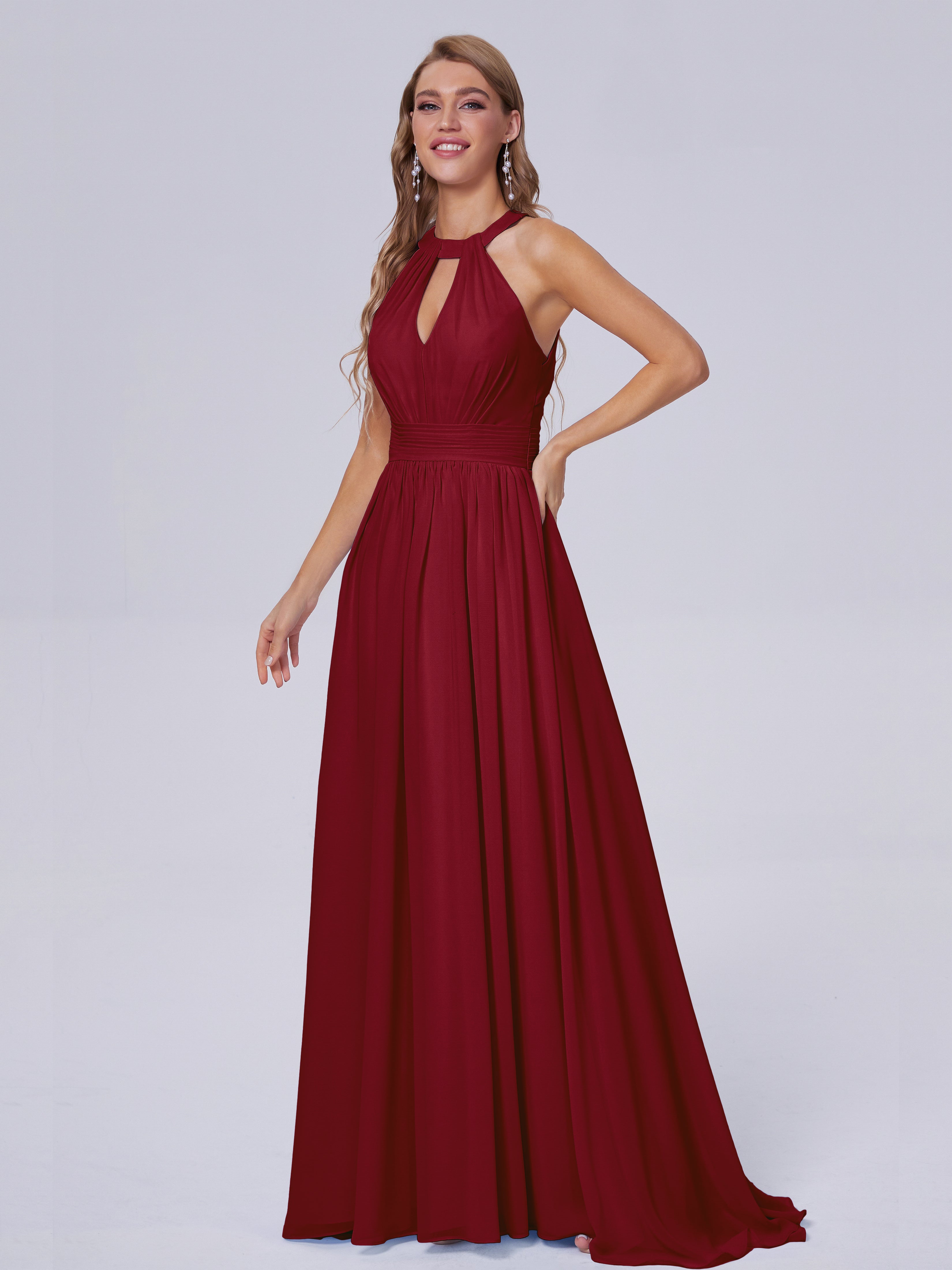 Robes De Demoiselle D'Honneur Bordeaux À Moins De 100 $ Balayage Traîne Mousseline Robes Demoiselle D'Honneur