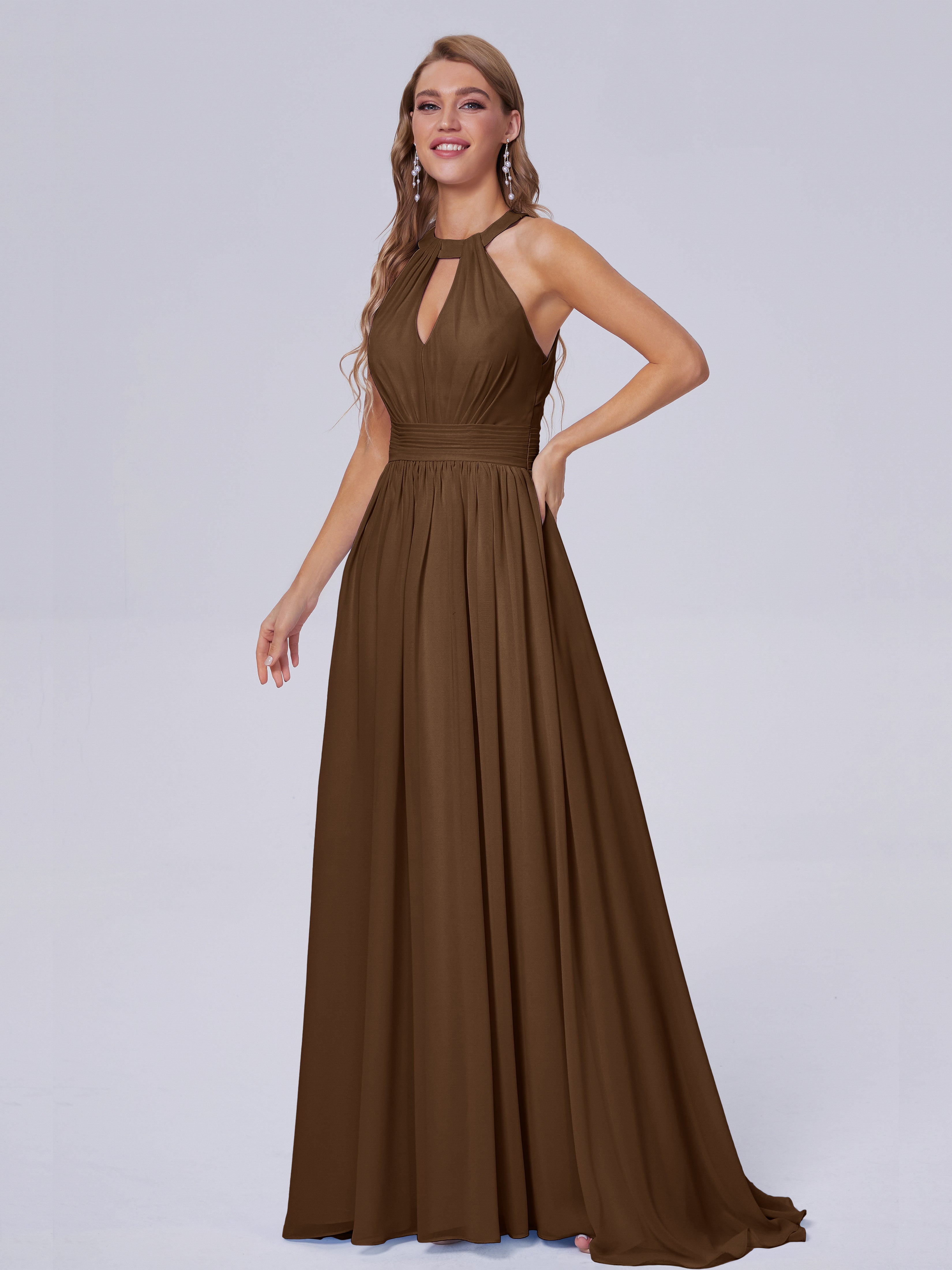 Robe Demoiselle D Honneur Brun Balayage Traîne Mousseline Robes Demoiselle D'Honneur