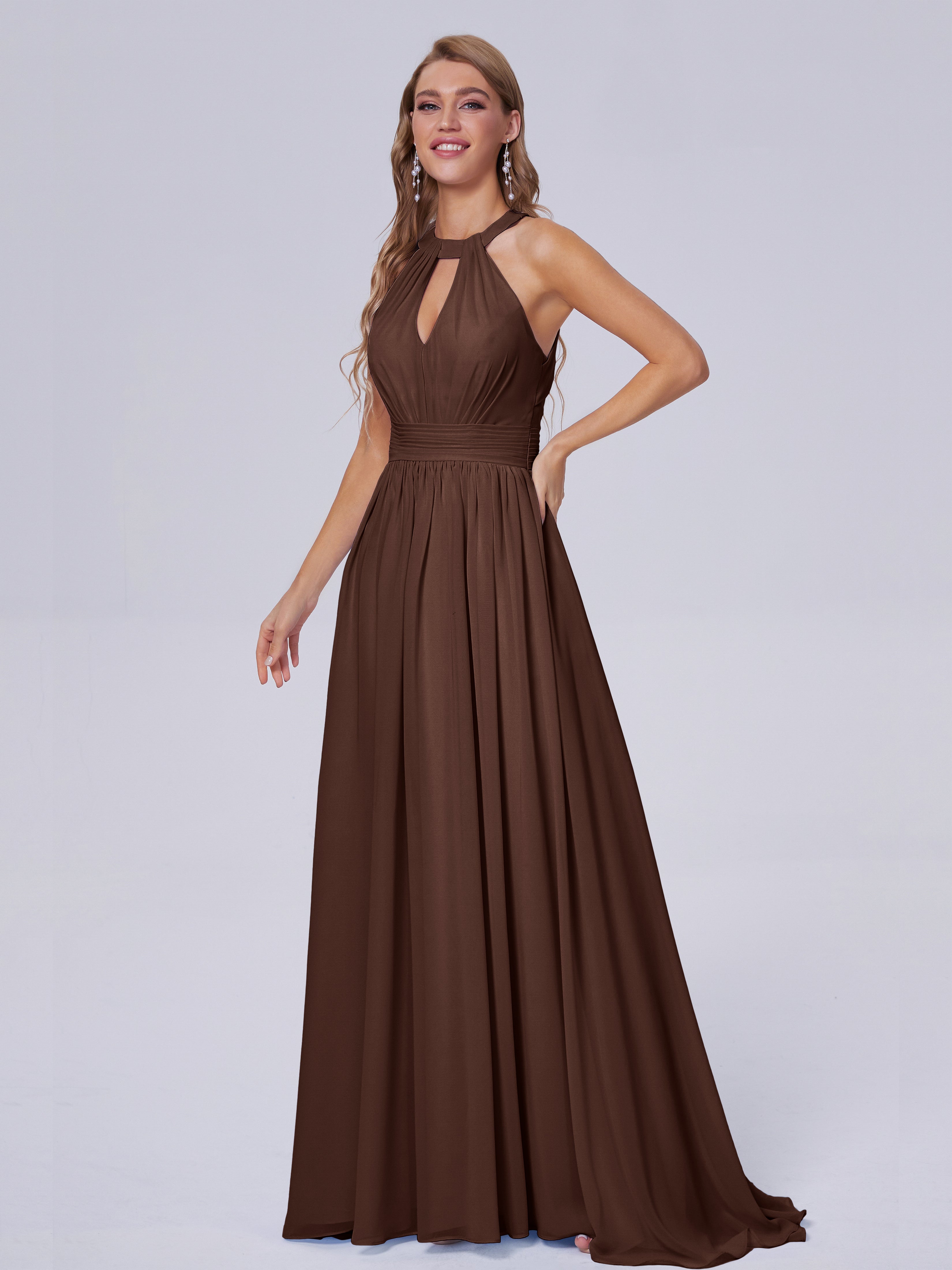 Robe De Demoiselle D Honneur Chocolat Balayage Traîne Mousseline Robes Demoiselle D'Honneur