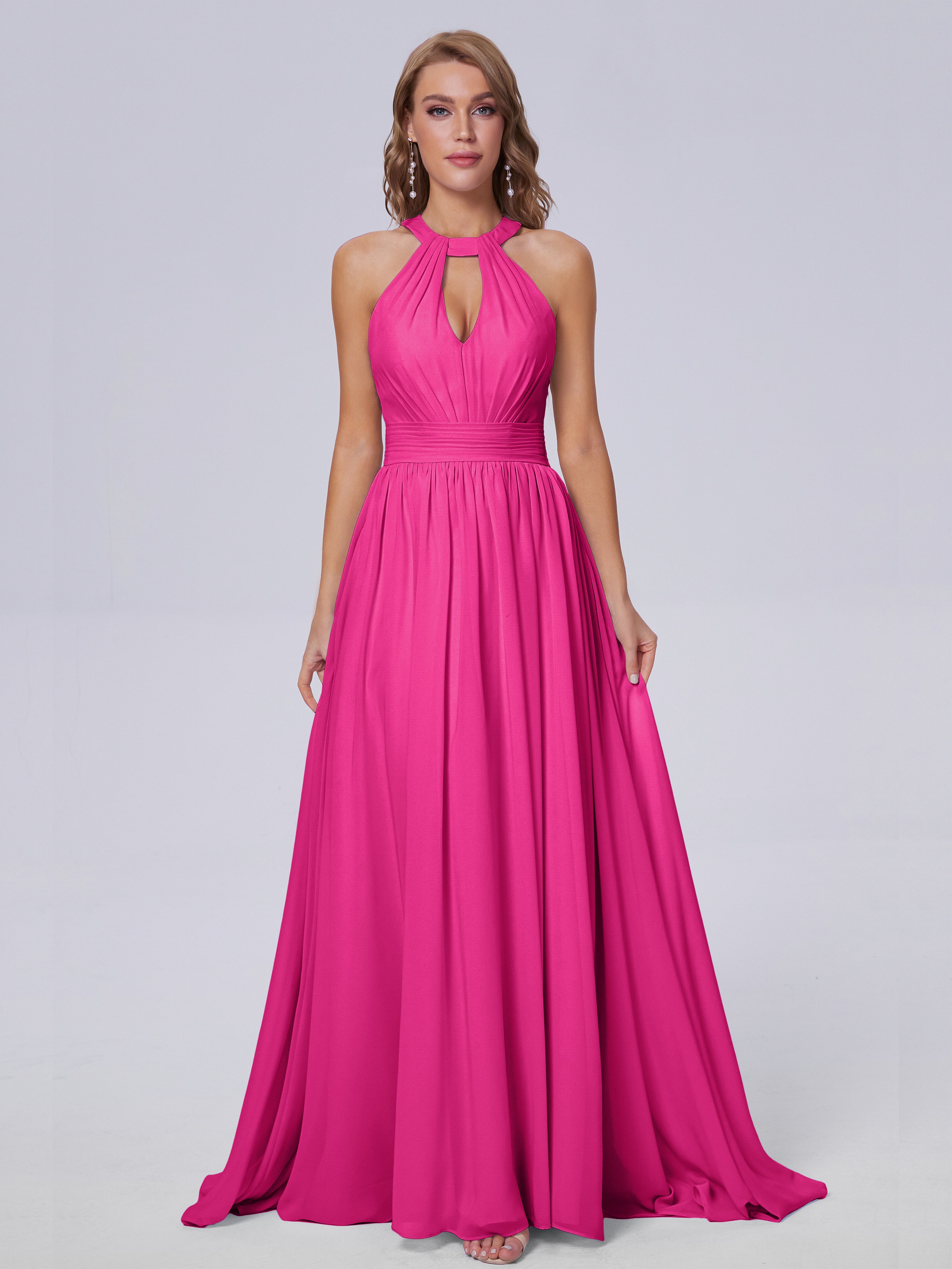 Robe Fuchsia Demoiselle D Honneur Balayage Traîne Mousseline Robes Demoiselle D'Honneur