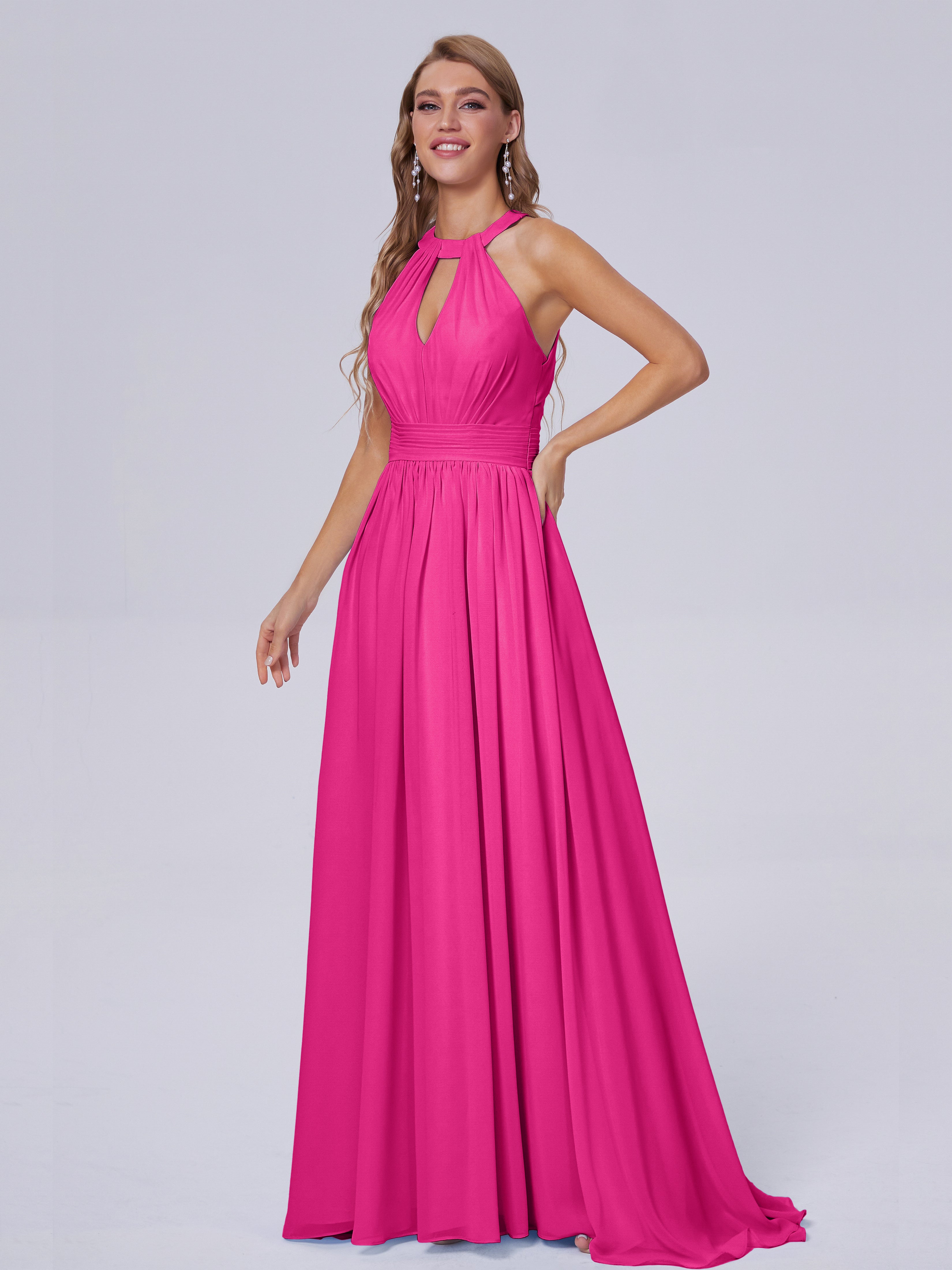 Robe Fuchsia Demoiselle D Honneur Balayage Traîne Mousseline Robes Demoiselle D'Honneur