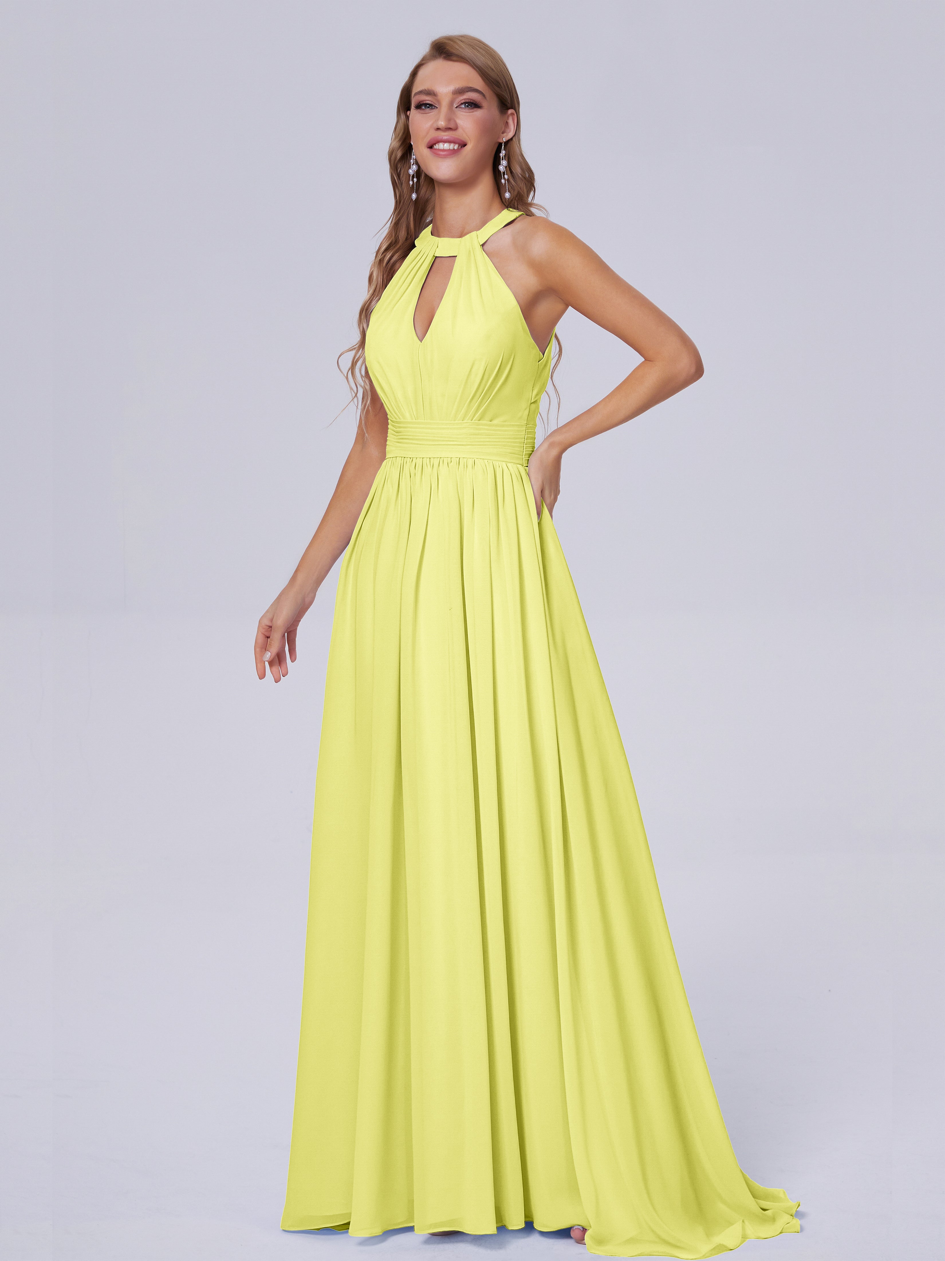 Robes De Demoiselle D'Honneur Jonquille Balayage Traîne Mousseline Robes Demoiselle D'Honneur