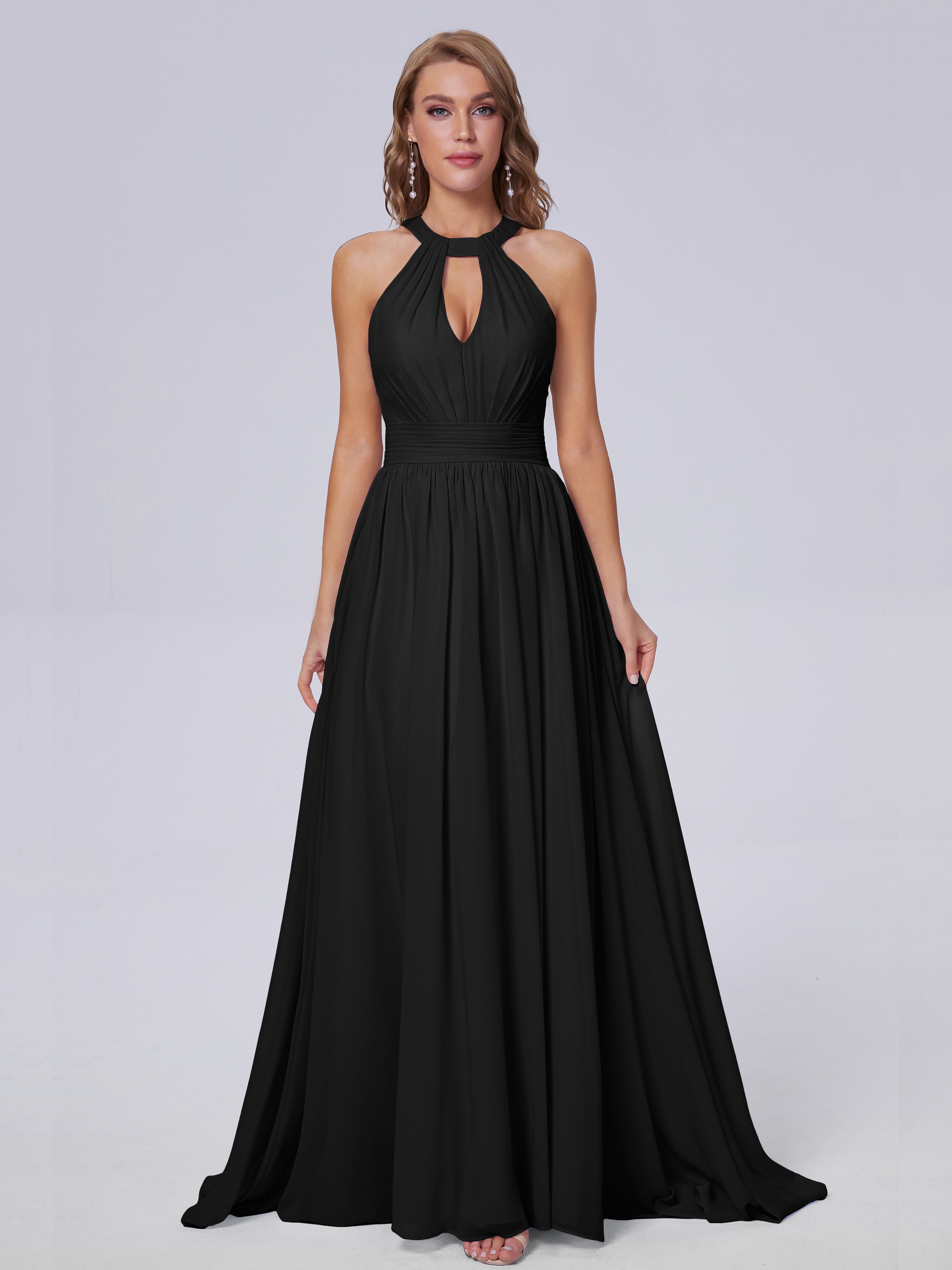 Robe Demoiselle D Honneur Noir Balayage Traîne Mousseline Robes Demoiselle D'Honneur