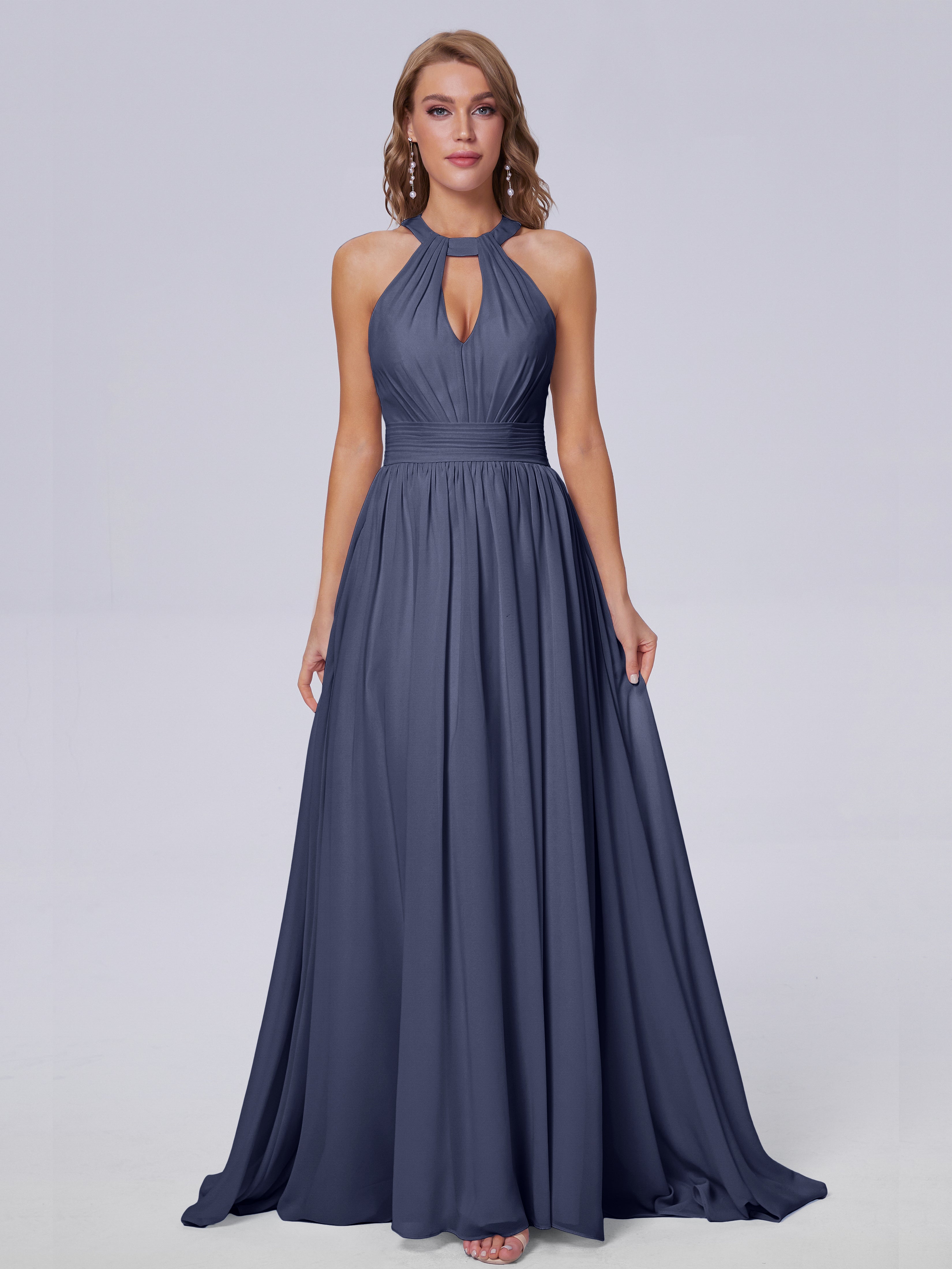 Robes De Demoiselle D'Honneur Bleu Orageux Balayage Traîne Mousseline Robes Demoiselle D'Honneur