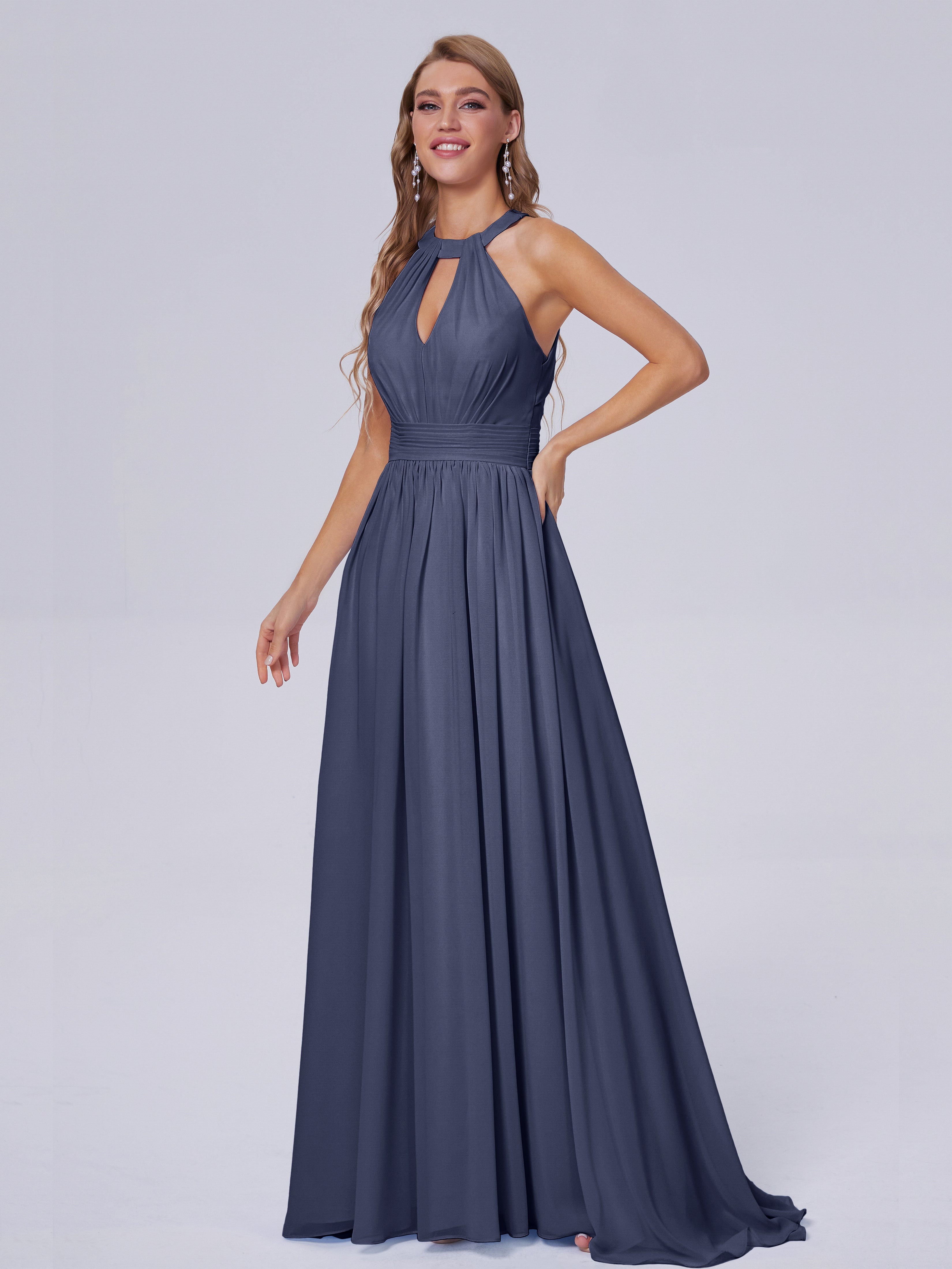 Robes De Demoiselle D'Honneur Bleu Orageux Balayage Traîne Mousseline Robes Demoiselle D'Honneur