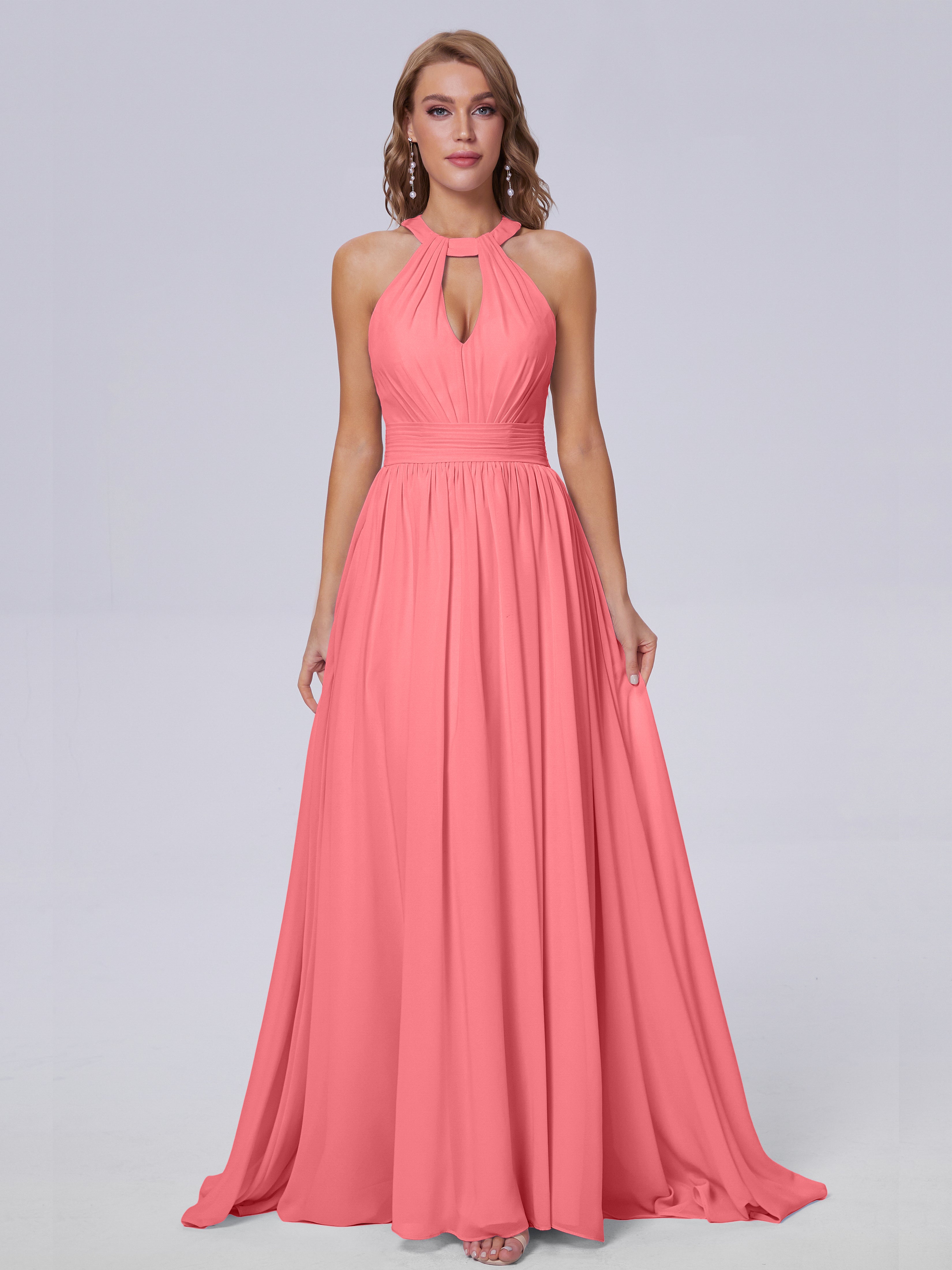 Robes De Demoiselle D'Honneur Pastèque Balayage Traîne Mousseline Robes Demoiselle D'Honneur