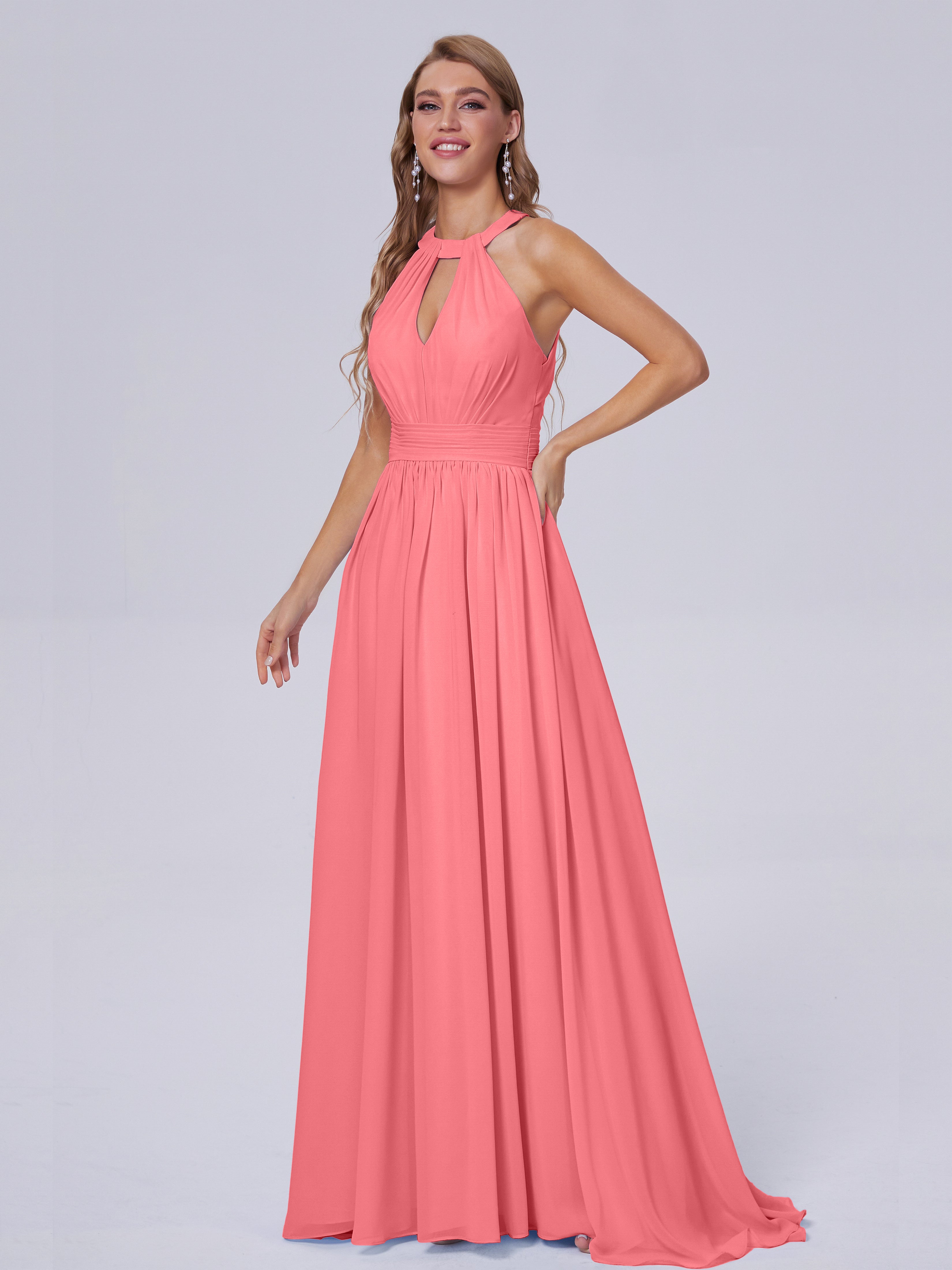 Robes De Demoiselle D'Honneur Pastèque Balayage Traîne Mousseline Robes Demoiselle D'Honneur