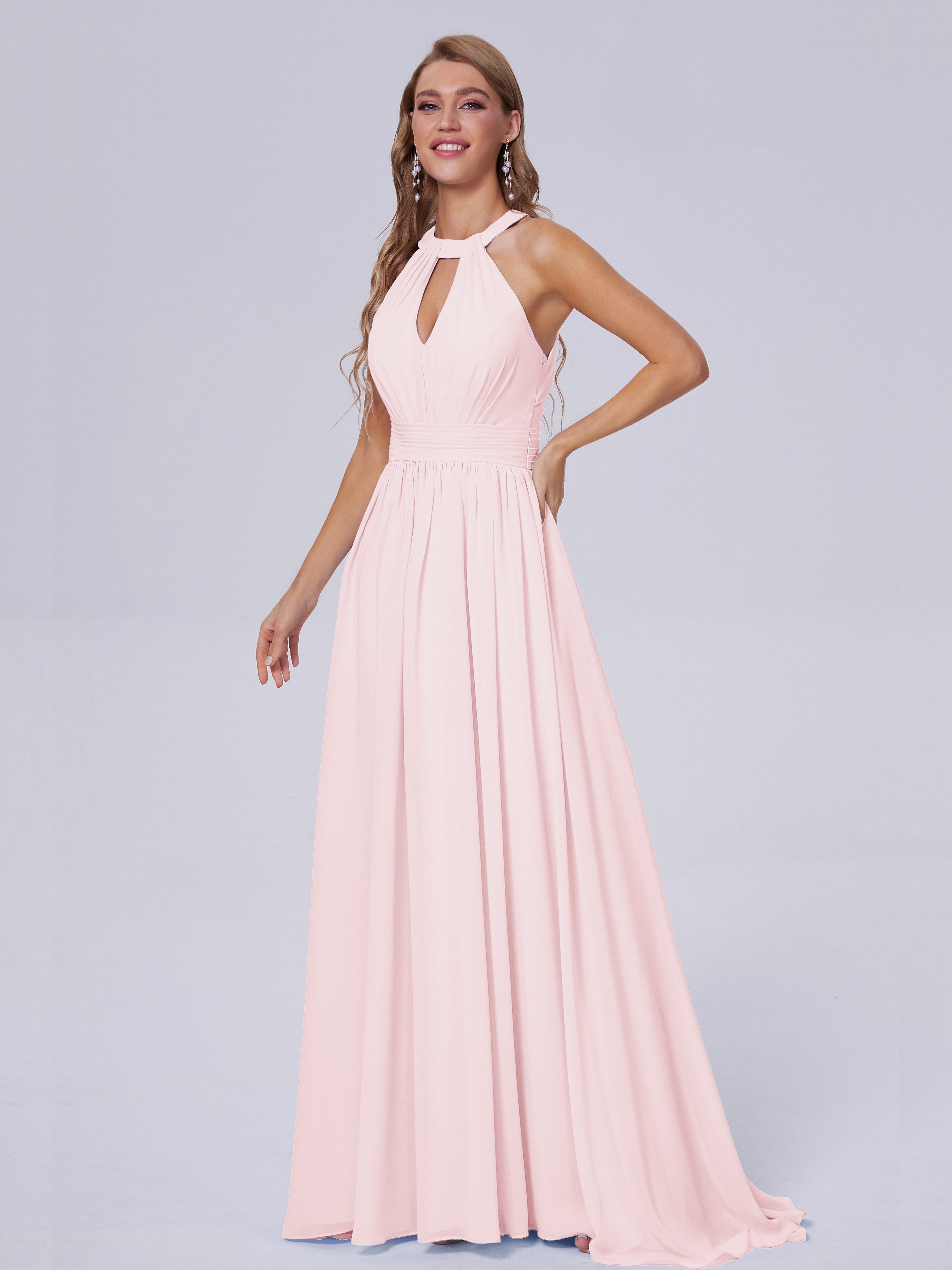 Robe Demoiselle Dhonneur Rose Pale Balayage Traîne Mousseline Robes Demoiselle D'Honneur