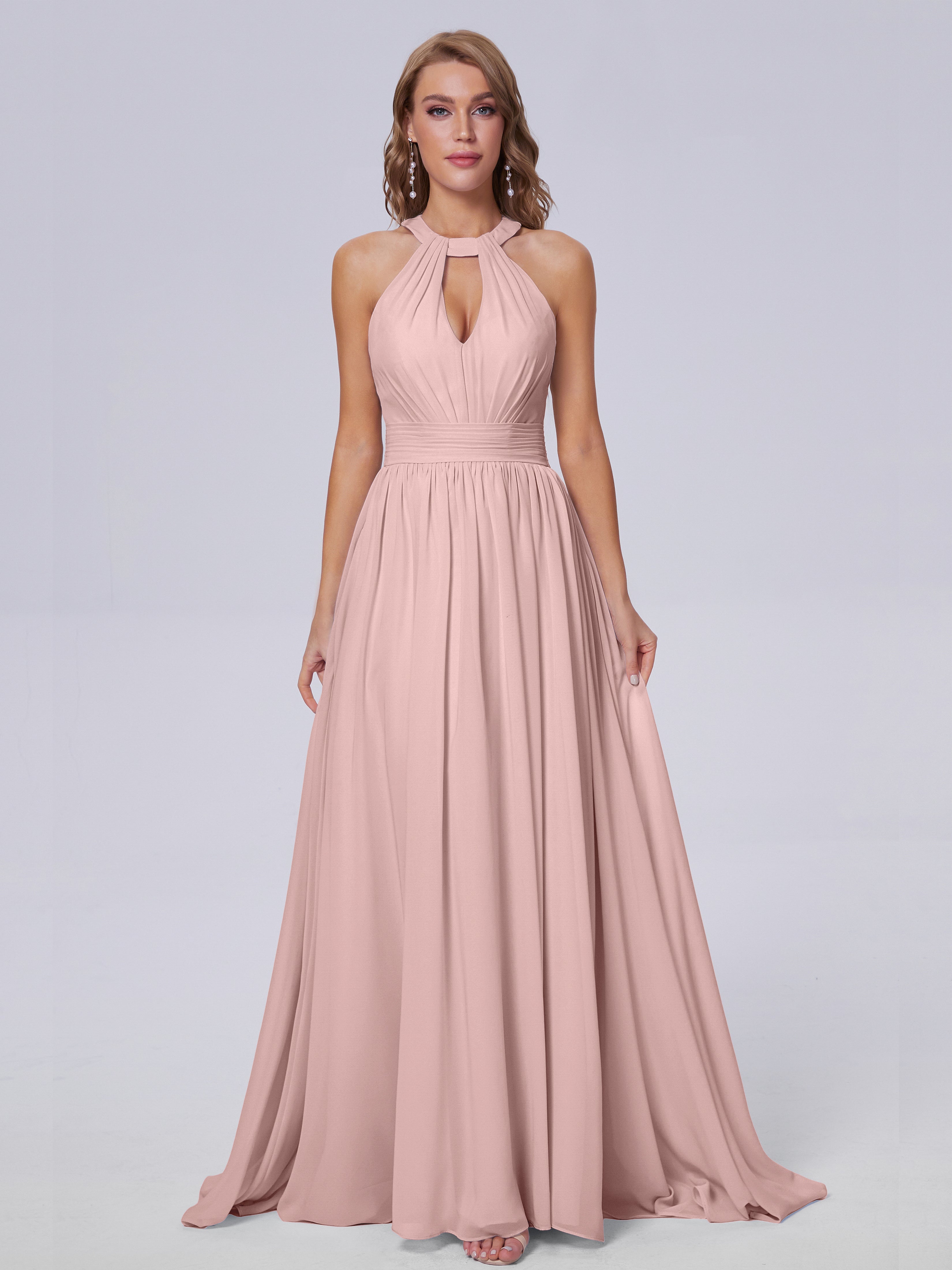 Rose Poudrée De Demoiselle D'Honneur Balayage Traîne Mousseline Robes Demoiselle D'Honneur