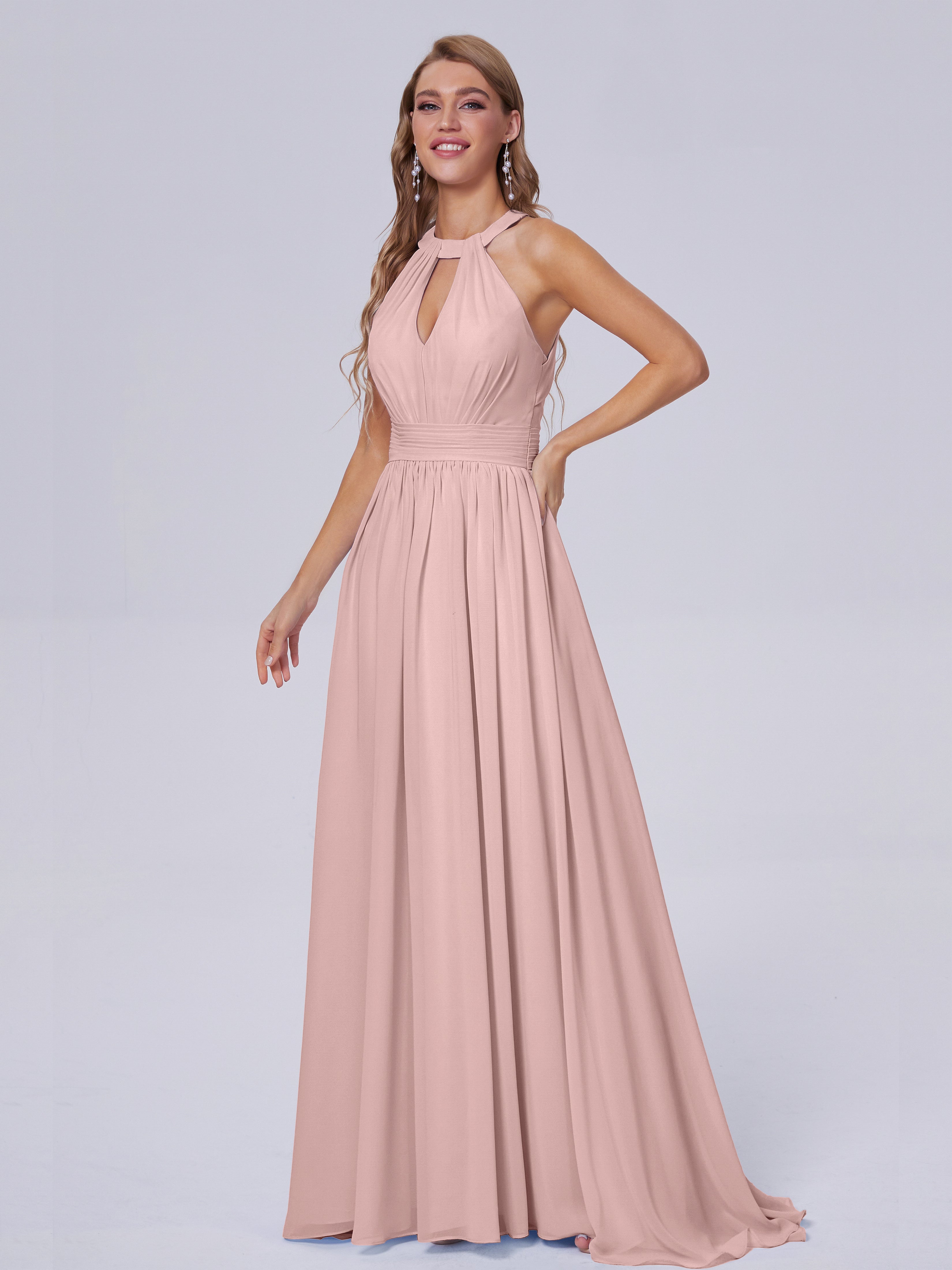 Rose Poudrée De Demoiselle D'Honneur Balayage Traîne Mousseline Robes Demoiselle D'Honneur