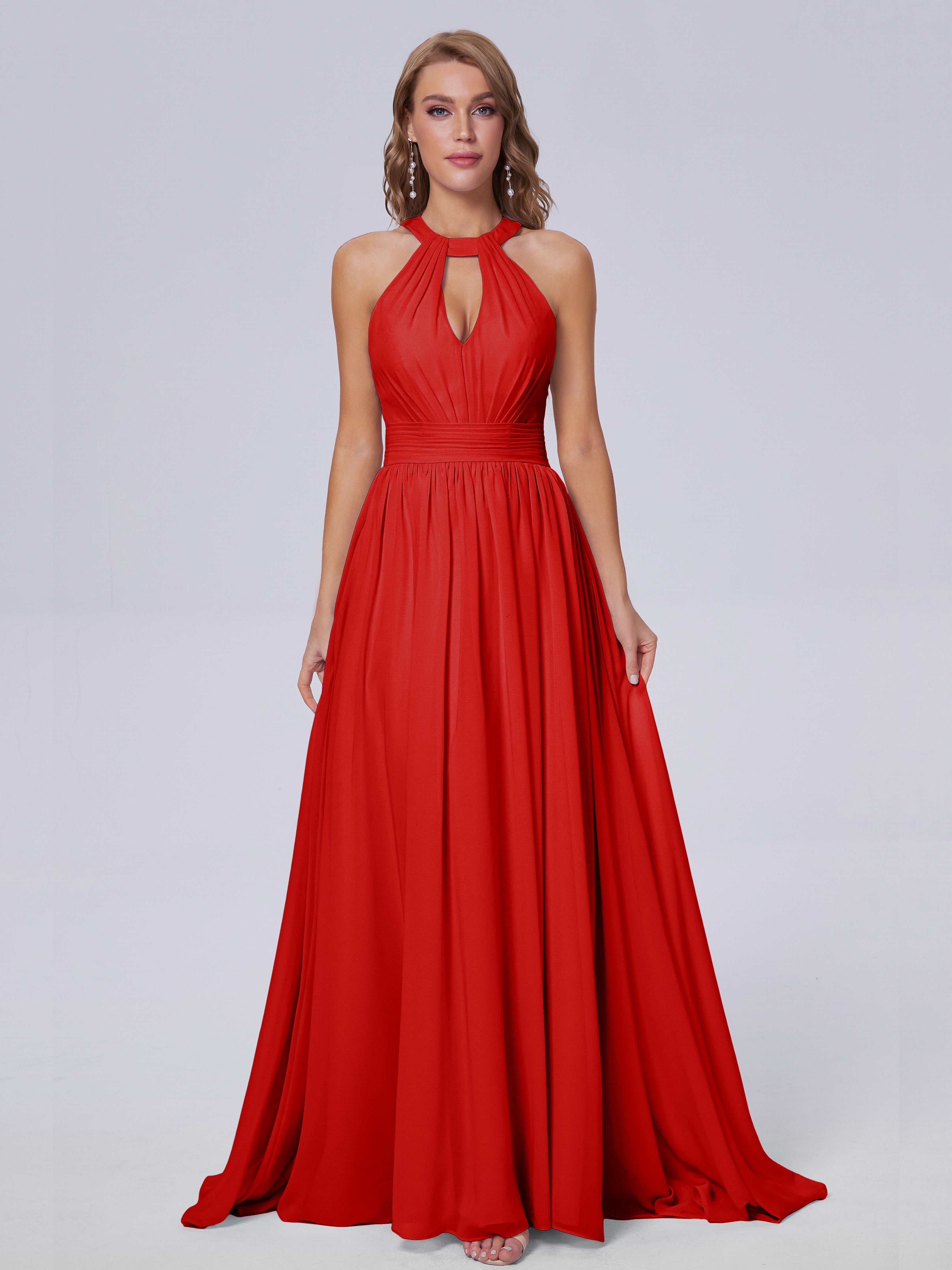 Robes De Demoiselle D'Honneur Rouges Longues Balayage Traîne Mousseline Robes Demoiselle D'Honneur