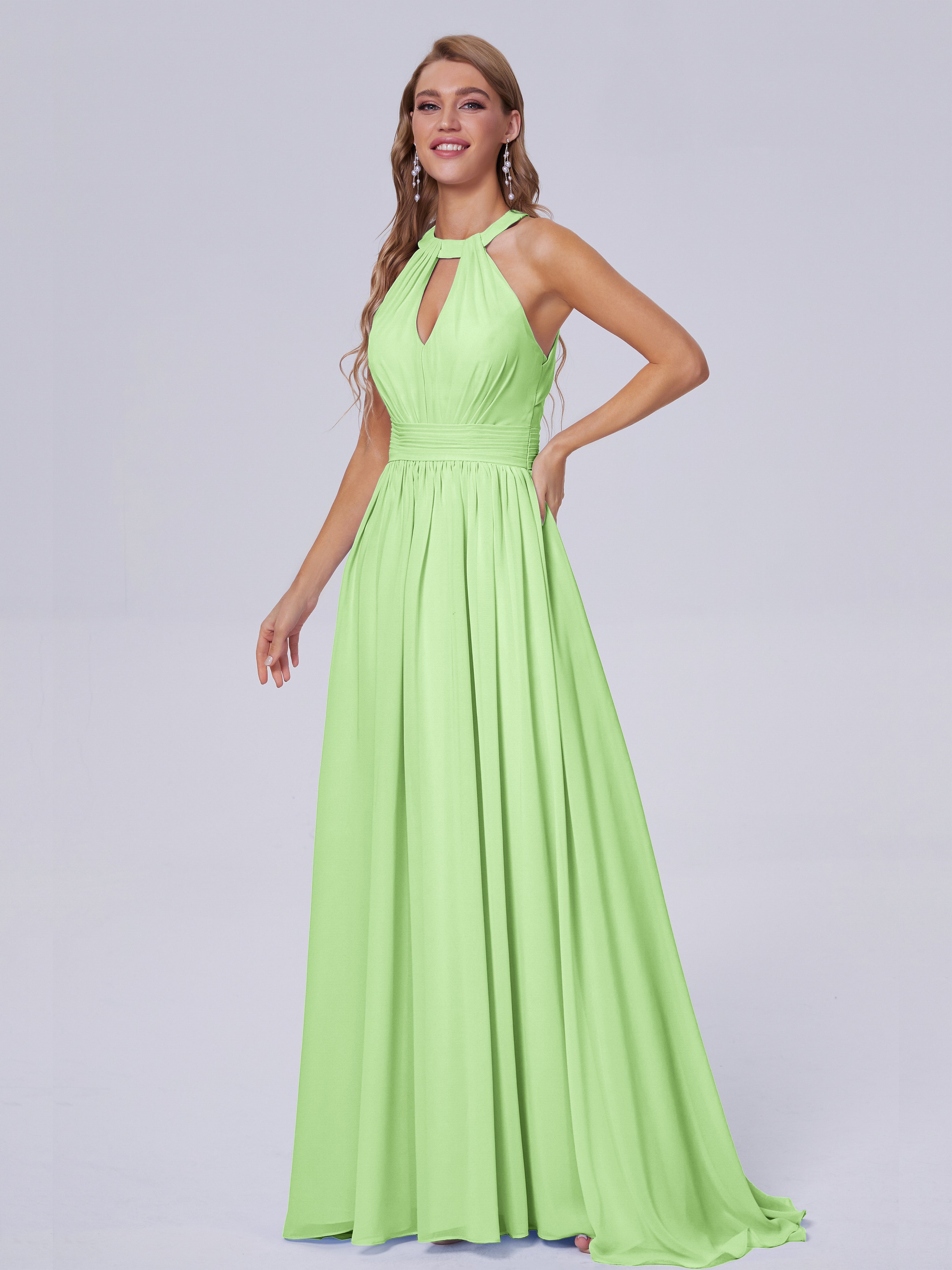 Robe De Demoiselle D Honneur Vert Sauge Balayage Traîne Mousseline Robes Demoiselle D'Honneur
