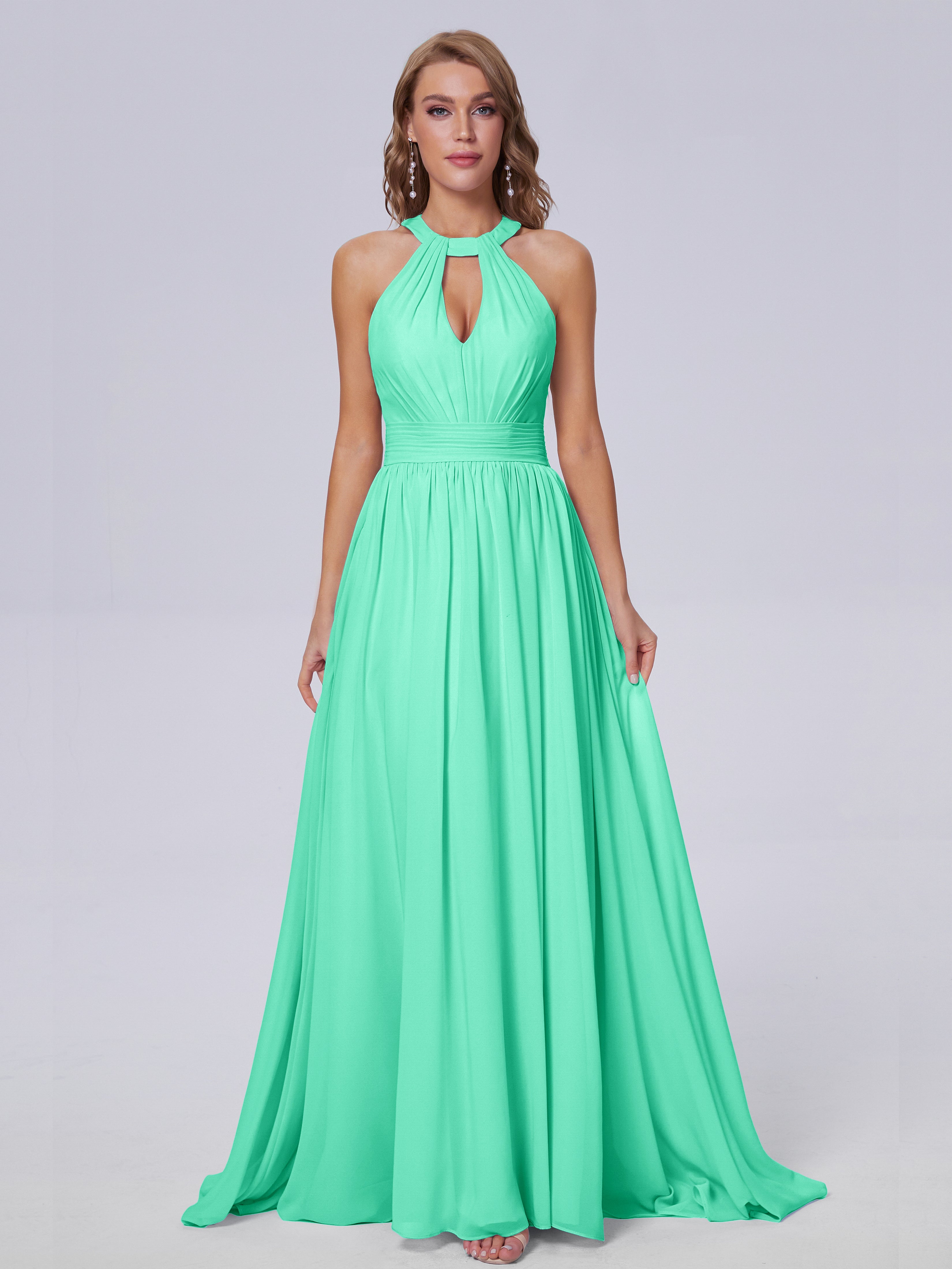 Robe Turquoise Demoiselle D Honneur Balayage Traîne Mousseline Robes Demoiselle D'Honneur