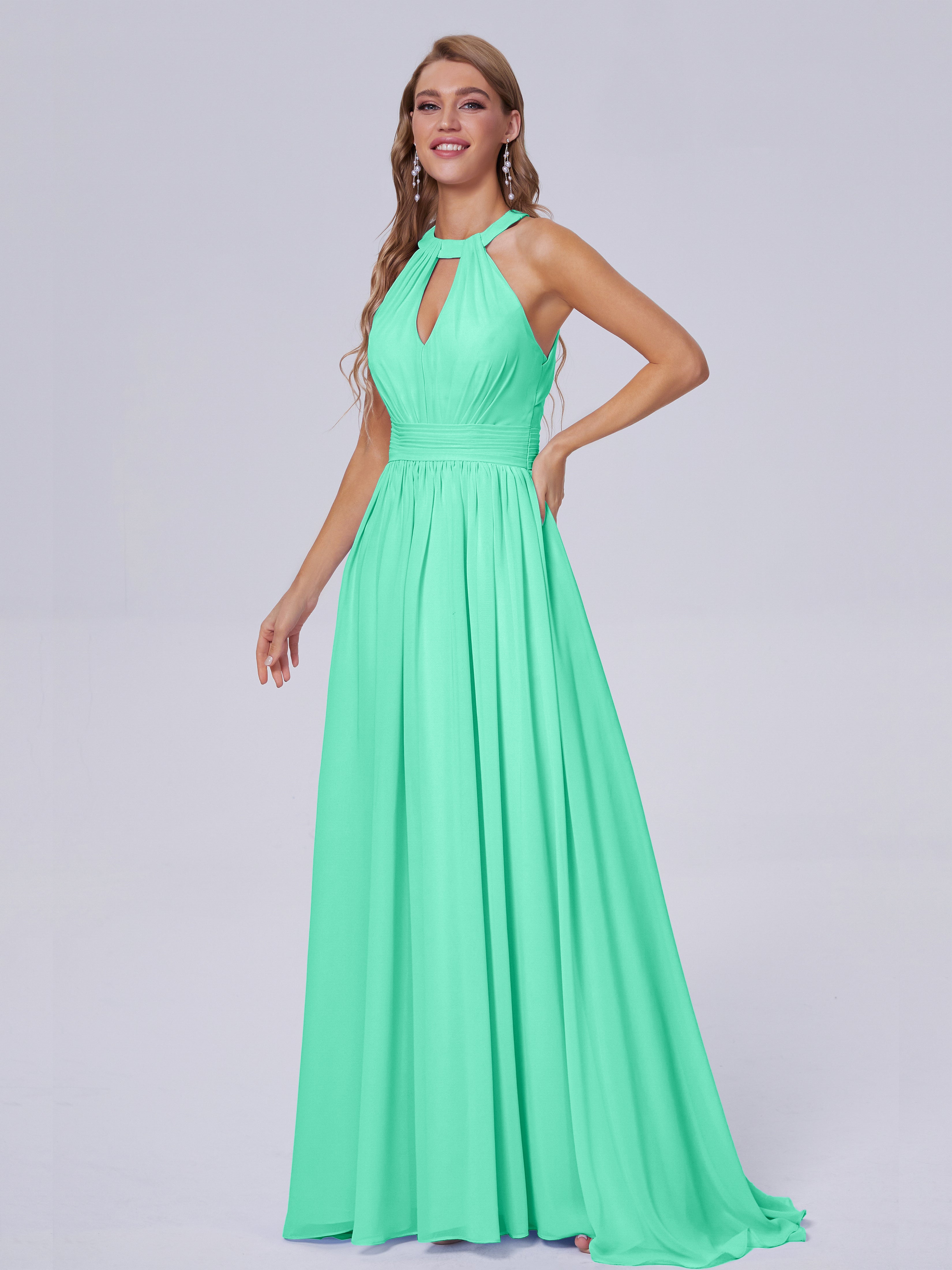 Robe Turquoise Demoiselle D Honneur Balayage Traîne Mousseline Robes Demoiselle D'Honneur
