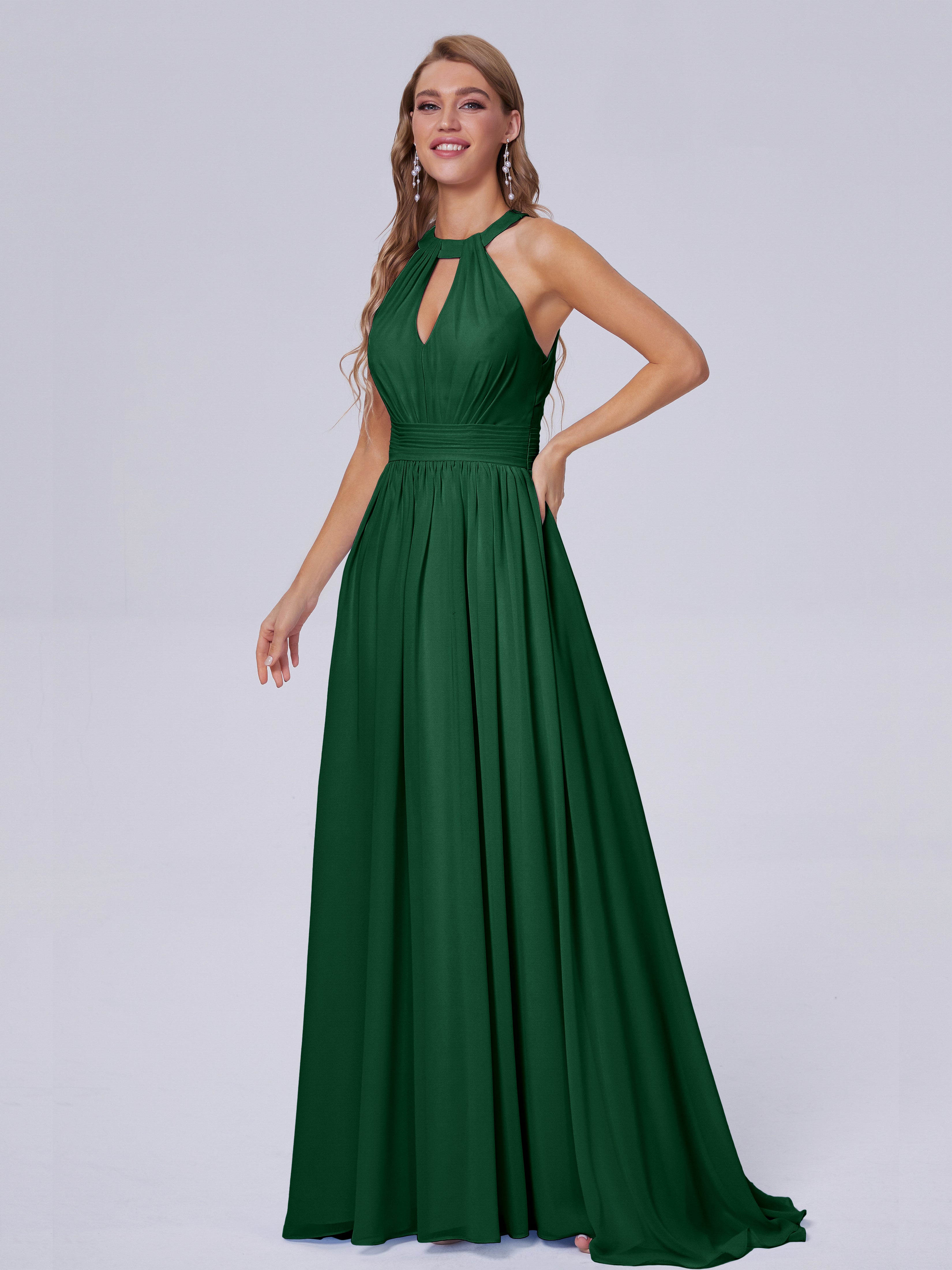 Robes De Demoiselle D'Honneur Vert Foncé Balayage Traîne Mousseline Robes Demoiselle D'Honneur