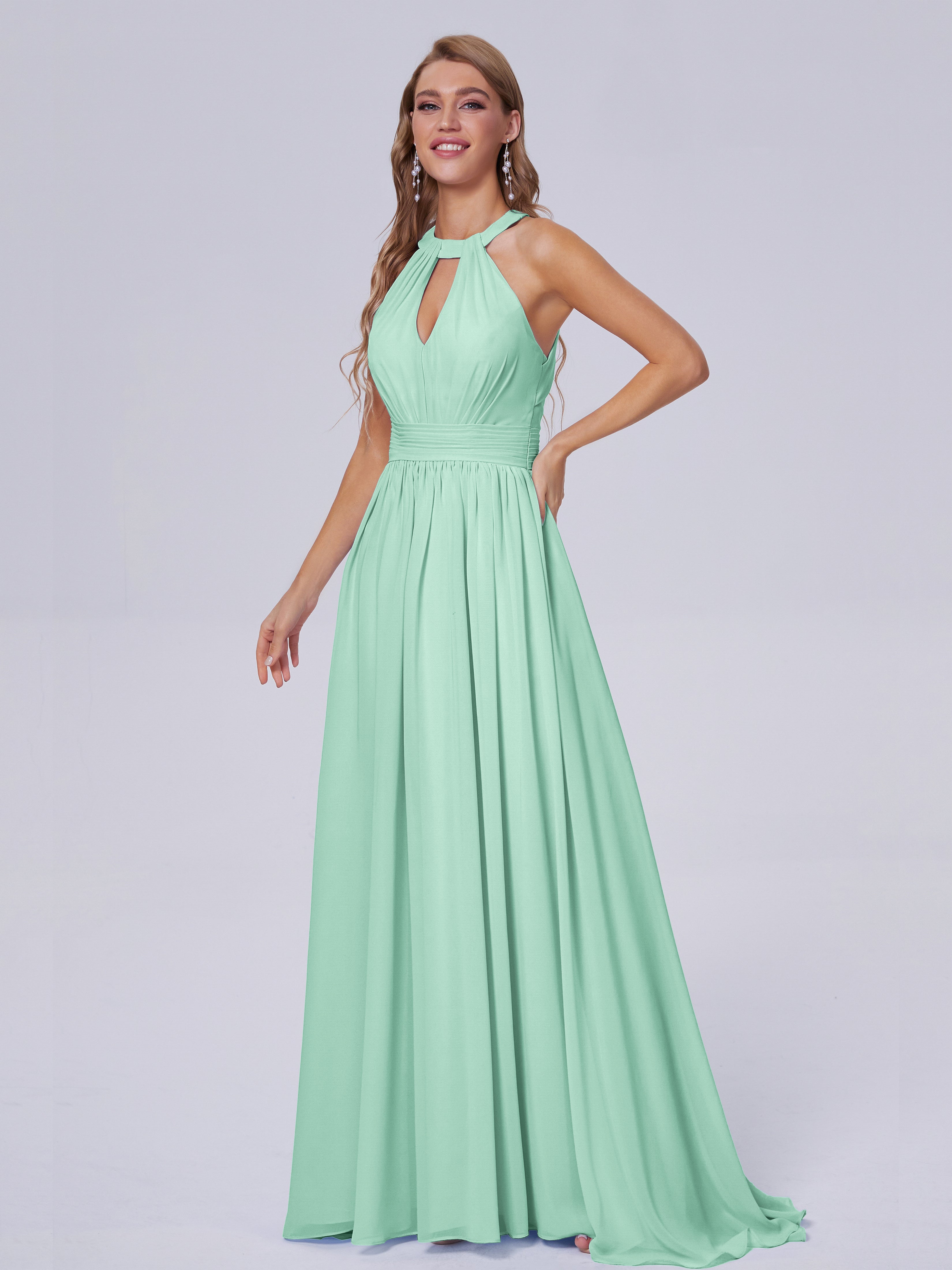 Robe Demoiselle D Honneur Vert Menthe Balayage Traîne Mousseline Robes Demoiselle D'Honneur