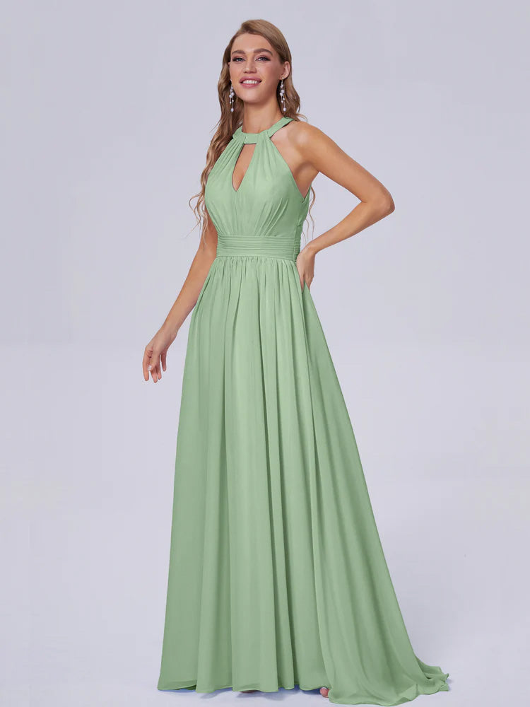 Demoiselle D'Honneur De Sauge Poussiéreuse Balayage Traîne Mousseline Robes Demoiselle D'Honneur