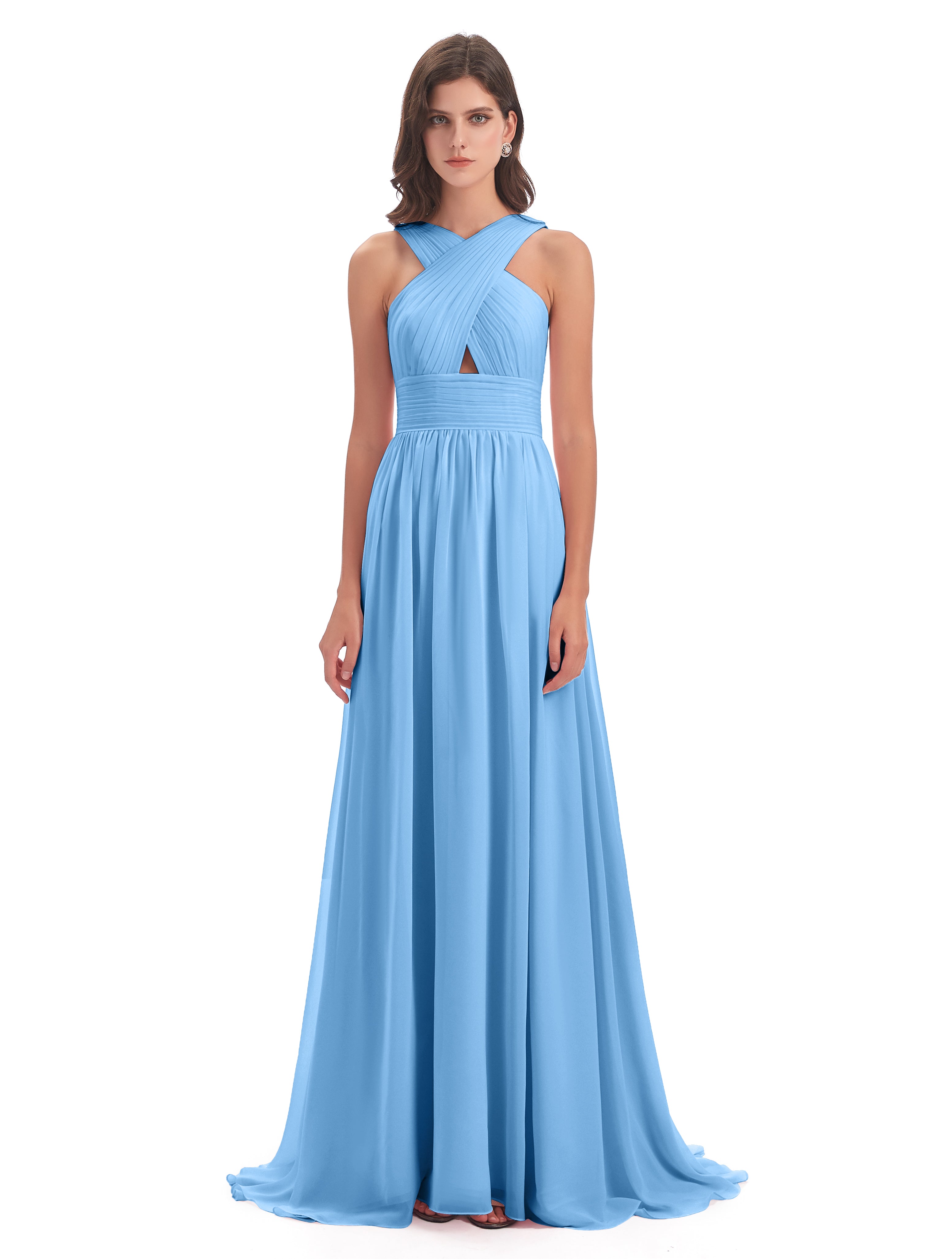 Robe Bleu Demoiselle D Honneur Balayage/Pinceau Traîne Bretelle Mousseline Robes Demoiselle D'Honneur