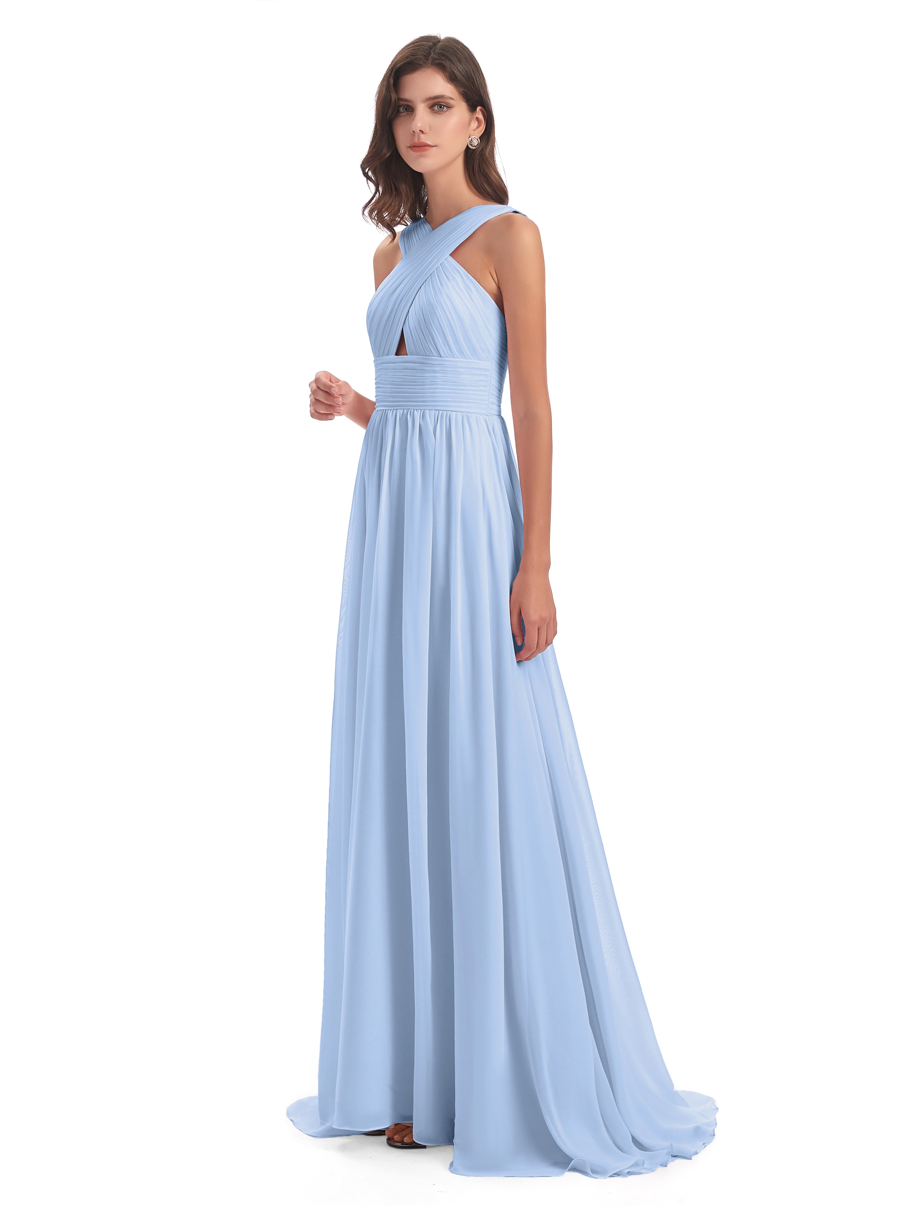 Robe Bleu Ciel Demoiselle D Honneur Balayage/Pinceau Traîne Bretelle Mousseline Robes Demoiselle D'Honneur