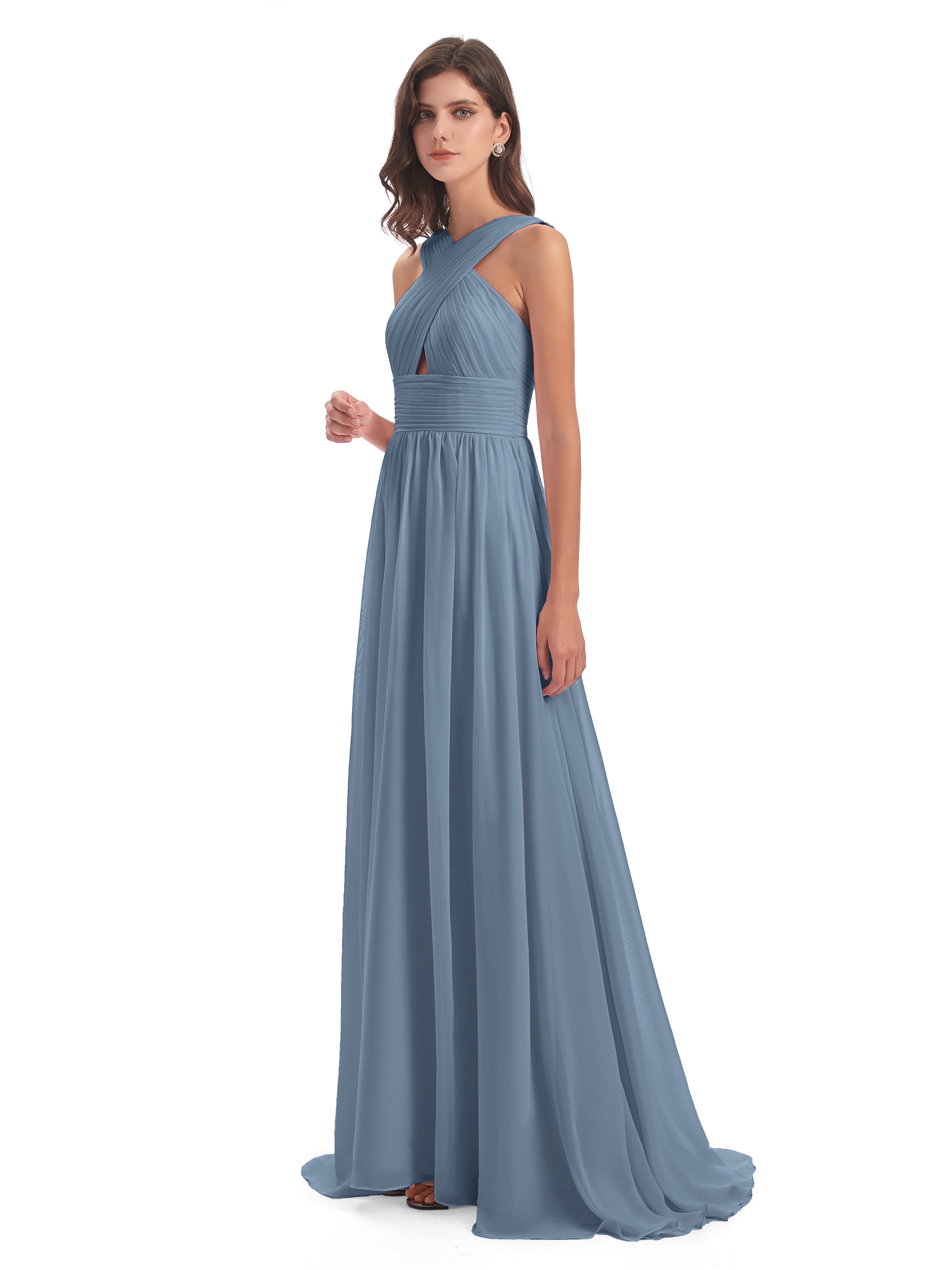 Robes De Demoiselle D'Honneur Bleu De Schiste Balayage/Pinceau Traîne Bretelle Mousseline Robes Demoiselle D'Honneur