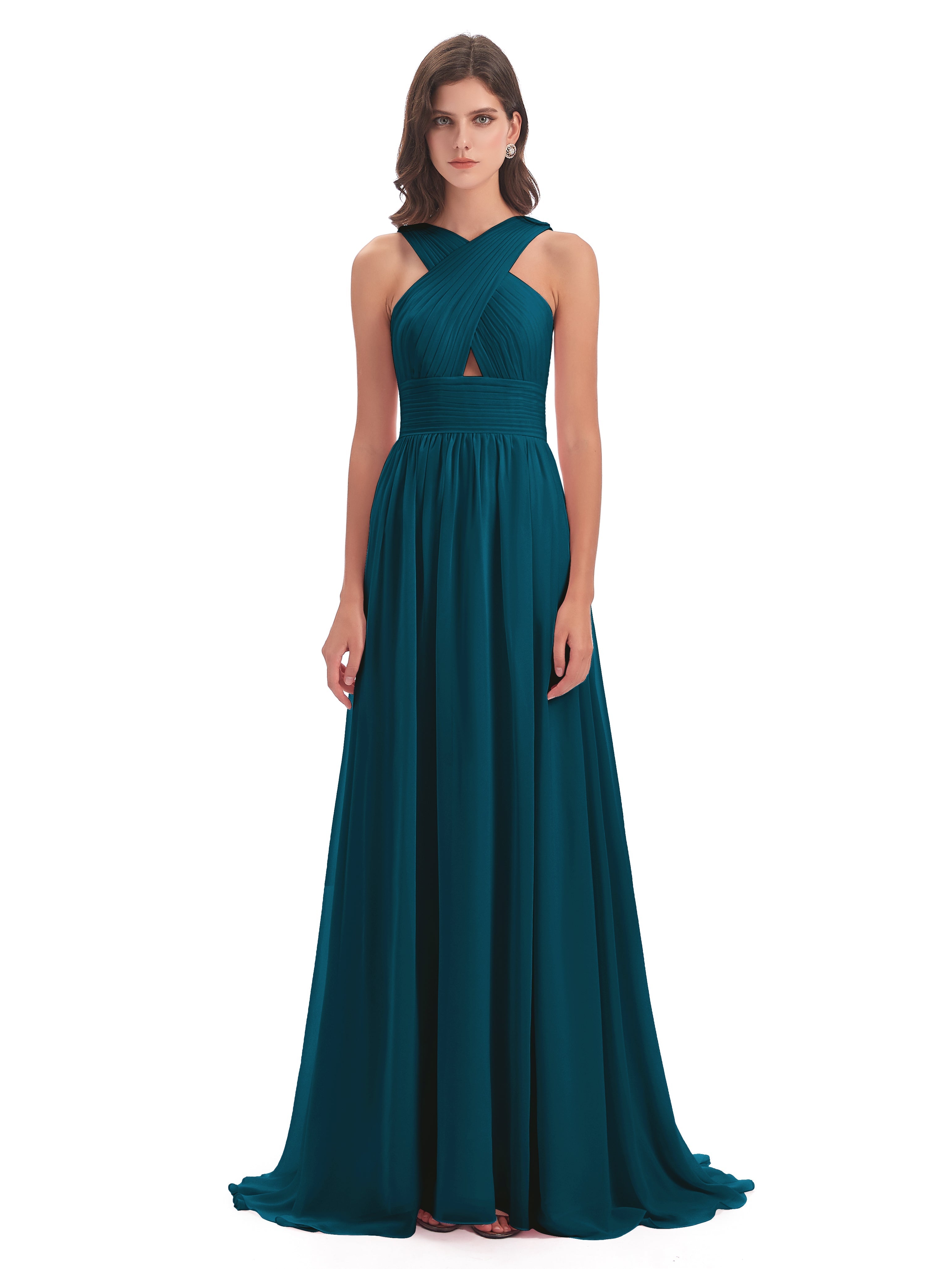 Robe De Demoiselle D'Honneur Bleu Encre Balayage/Pinceau Traîne Bretelle Mousseline Robes Demoiselle D'Honneur