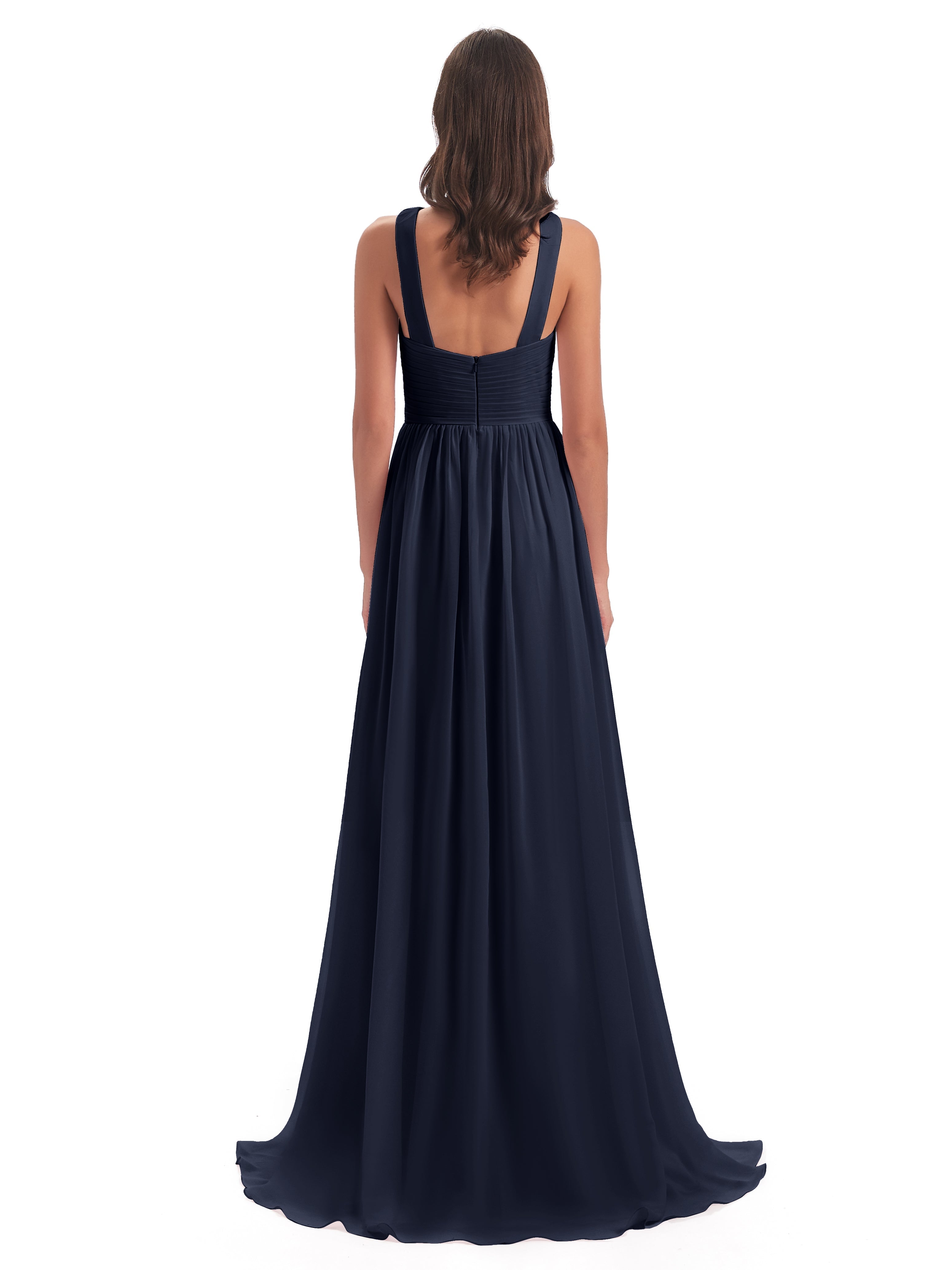 Robes De Demoiselle D'Honneur Bleu Marine Balayage/Pinceau Traîne Bretelle Mousseline Robes Demoiselle D'Honneur