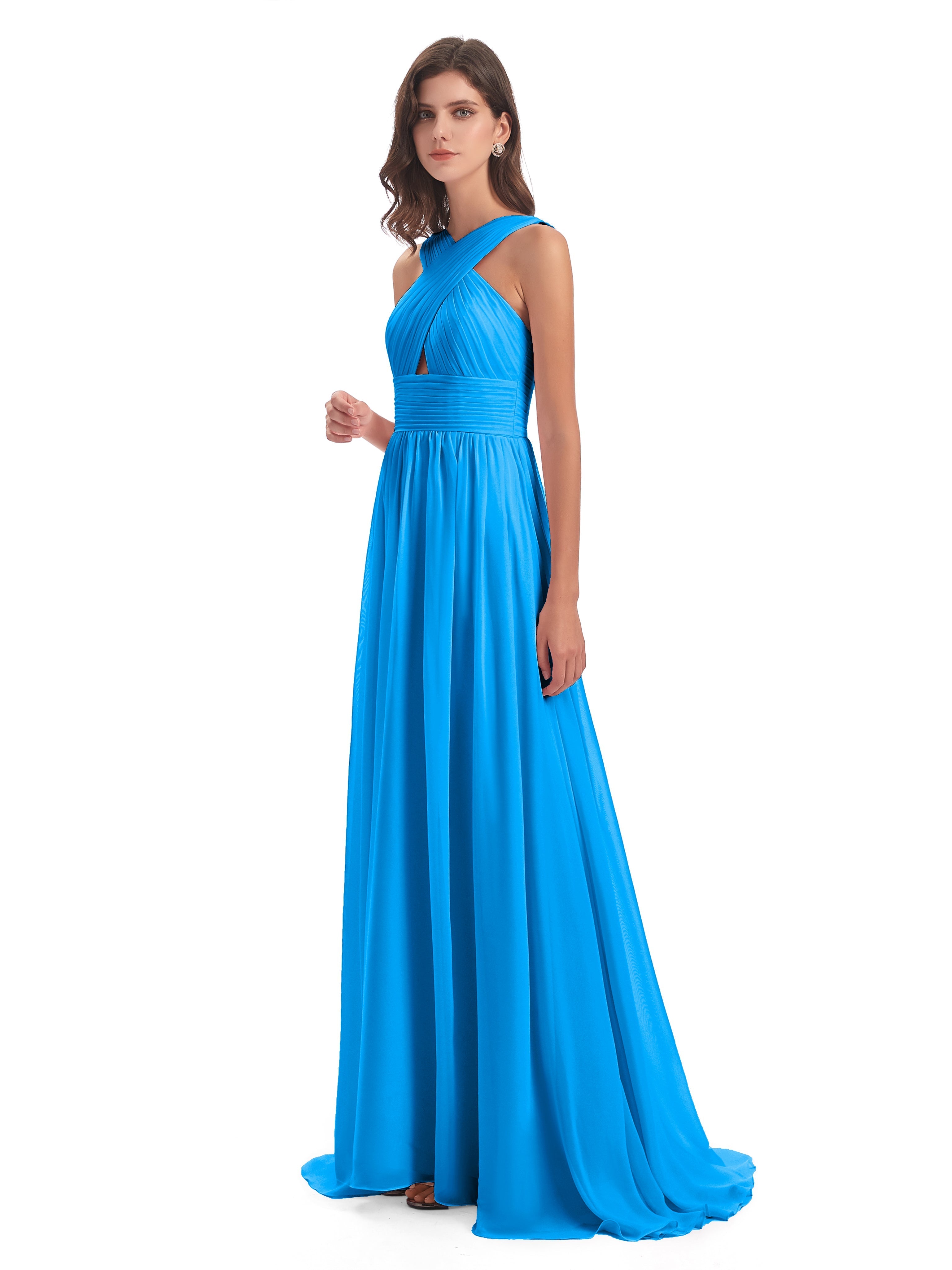 Robes De Demoiselle D'Honneur Bleu Océan Balayage/Pinceau Traîne Bretelle Mousseline Robes Demoiselle D'Honneur