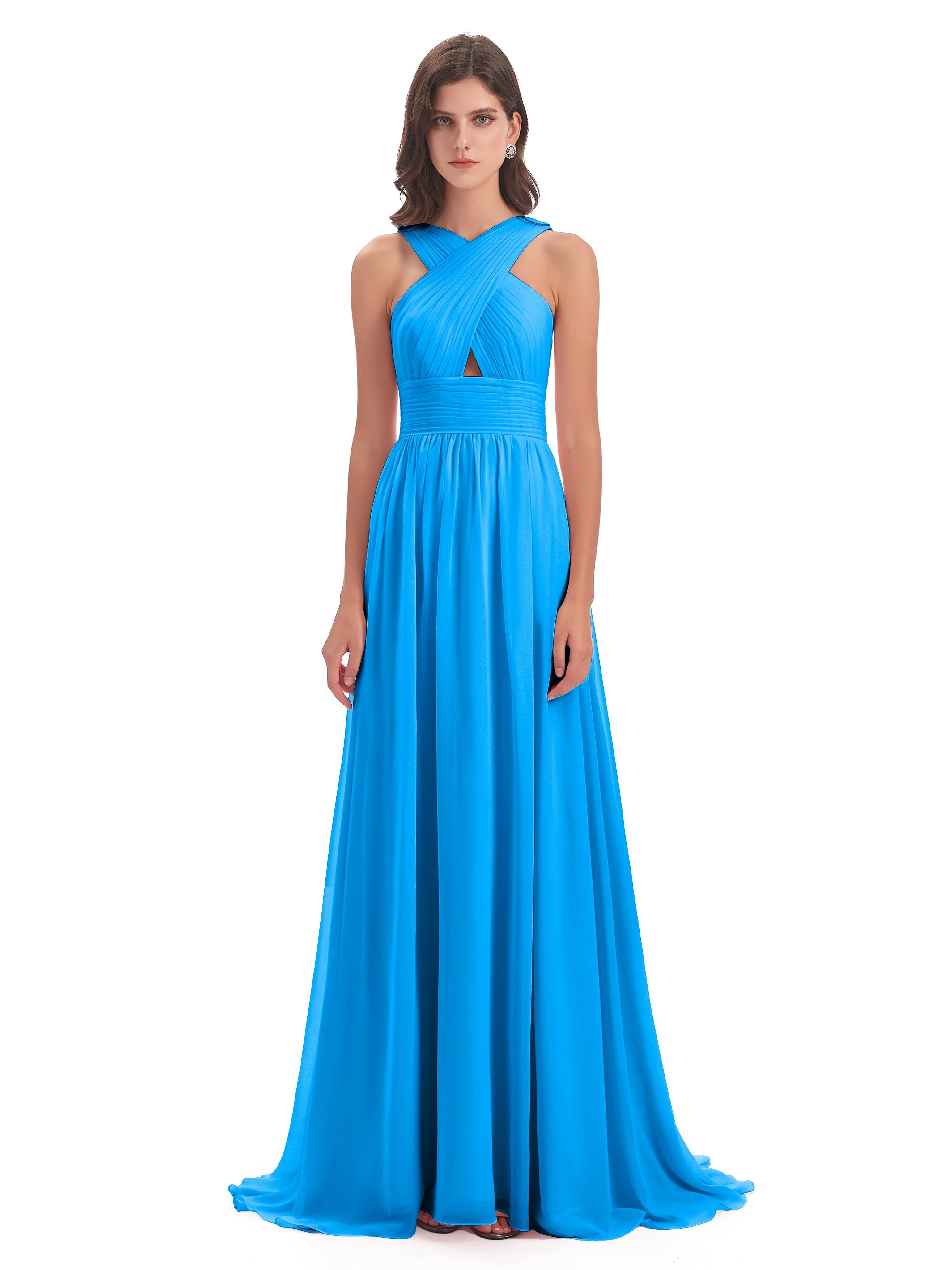 Robes De Demoiselle D'Honneur Bleu Océan Balayage/Pinceau Traîne Bretelle Mousseline Robes Demoiselle D'Honneur