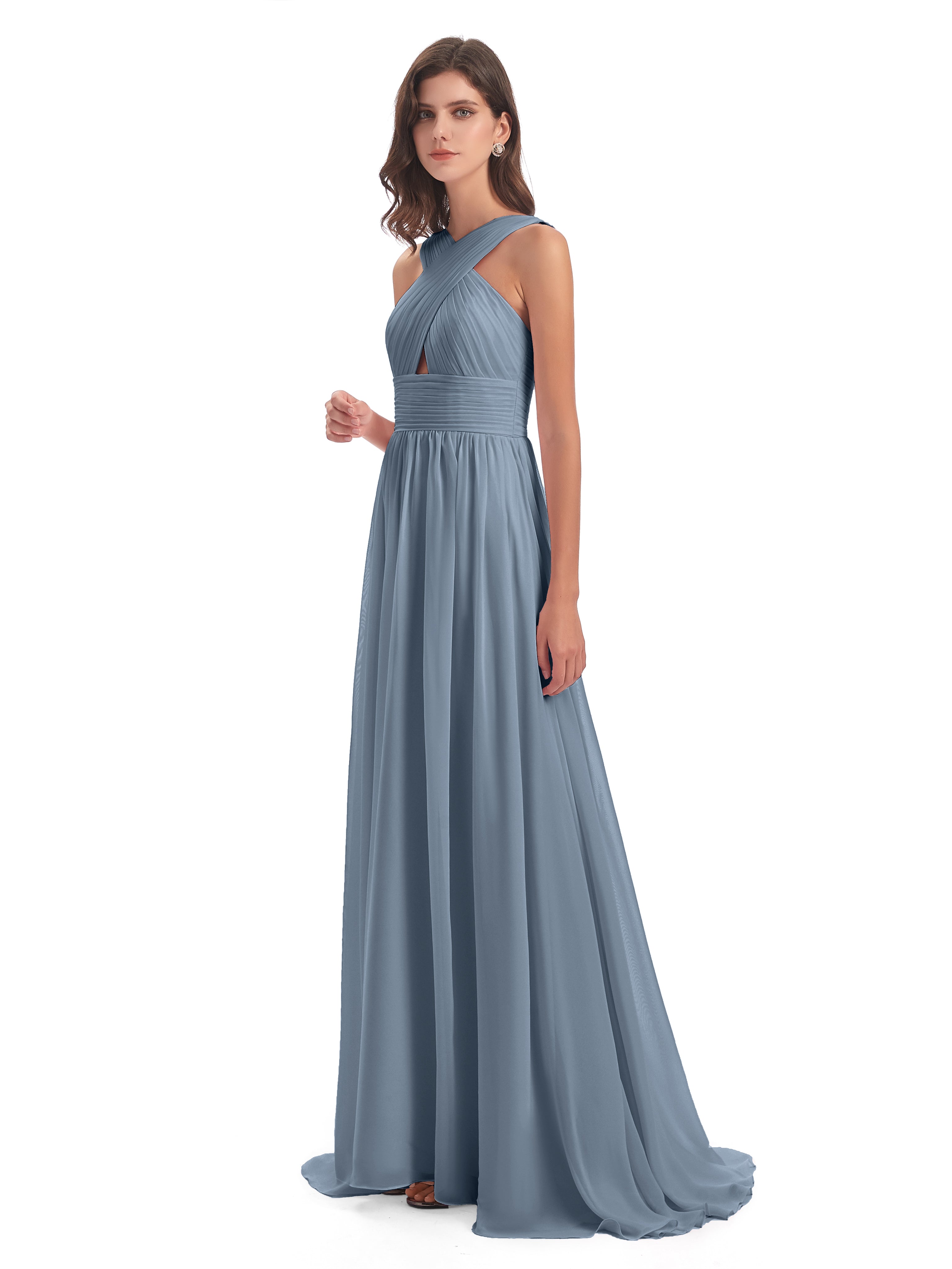 Robes De Demoiselle D'Honneur Bleu Gris Balayage/Pinceau Traîne Bretelle Mousseline Robes Demoiselle D'Honneur
