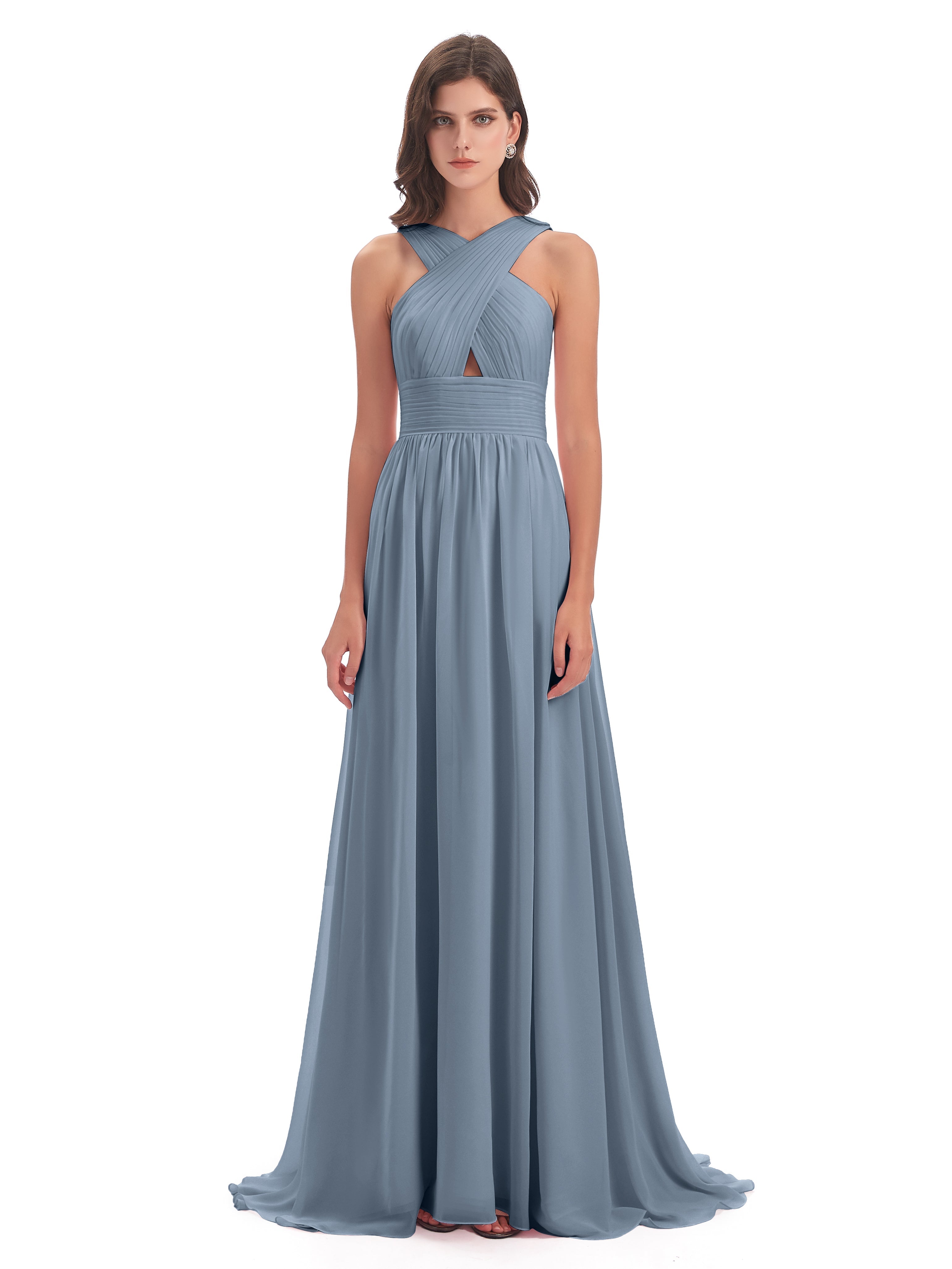 Robes De Demoiselle D'Honneur Bleu Gris Balayage/Pinceau Traîne Bretelle Mousseline Robes Demoiselle D'Honneur