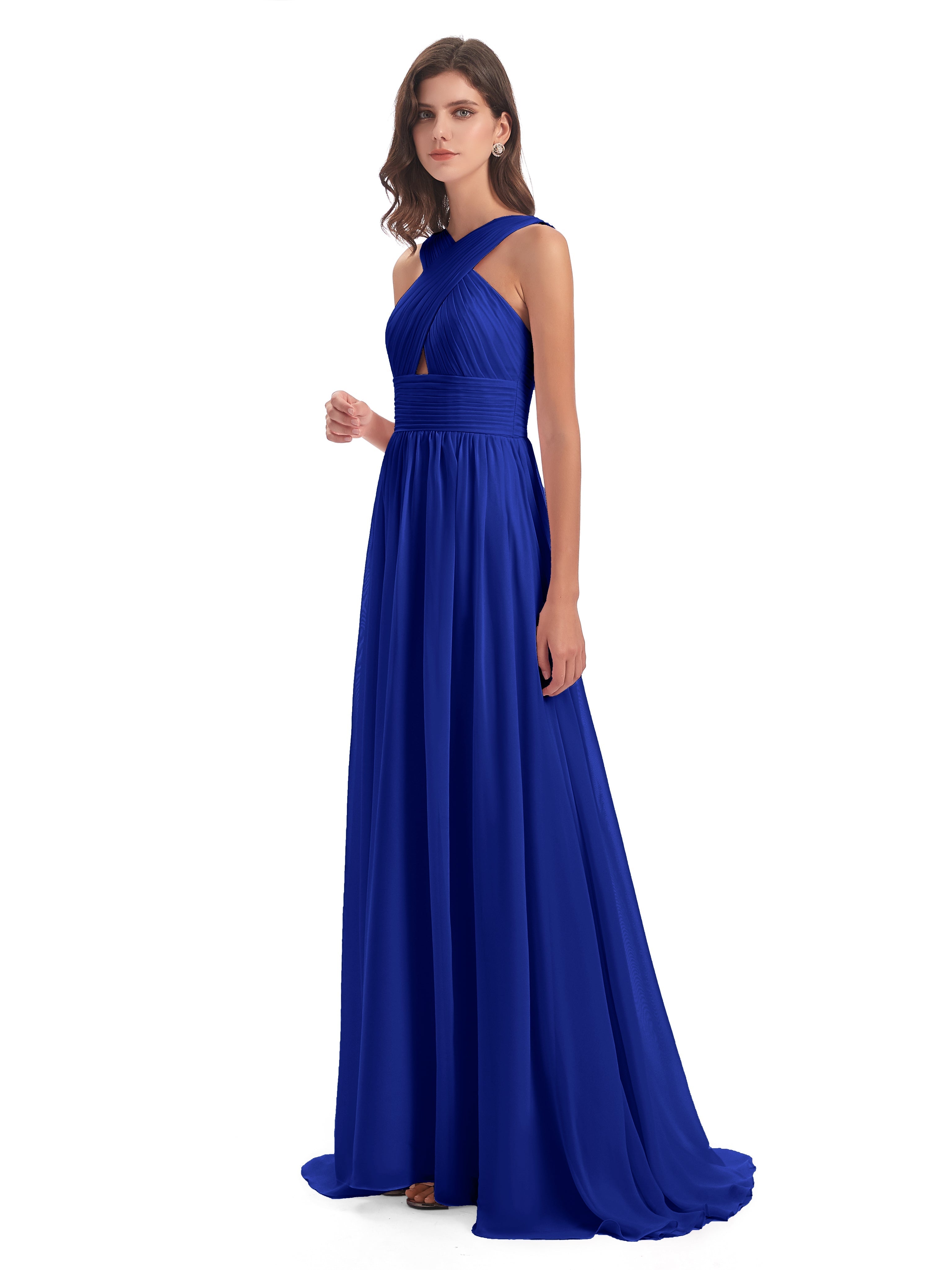 Demoiselle D'Honneur Bleu Royal Balayage/Pinceau Traîne Bretelle Mousseline Robes Demoiselle D'Honneur
