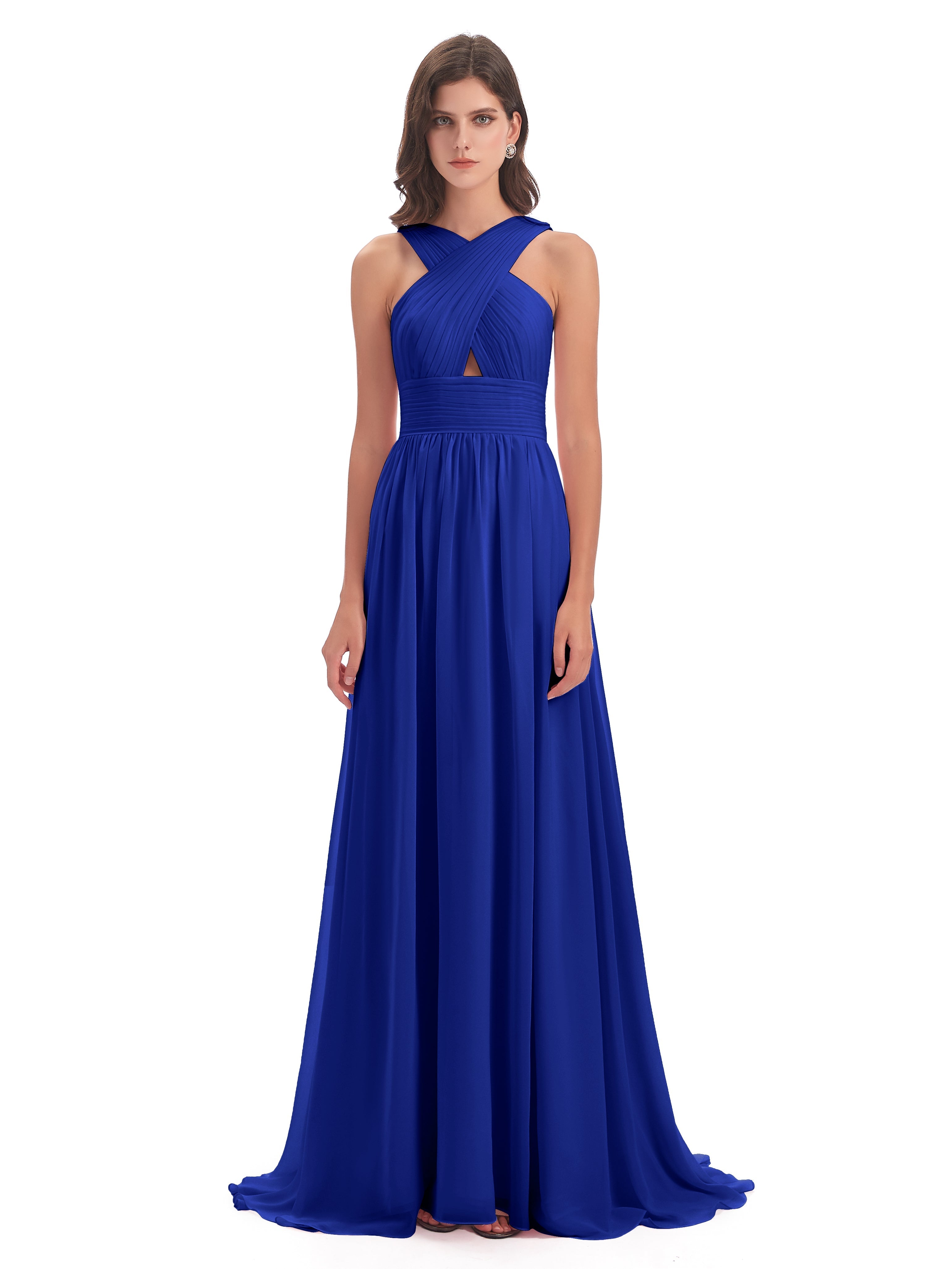 Demoiselle D'Honneur Bleu Royal Balayage/Pinceau Traîne Bretelle Mousseline Robes Demoiselle D'Honneur