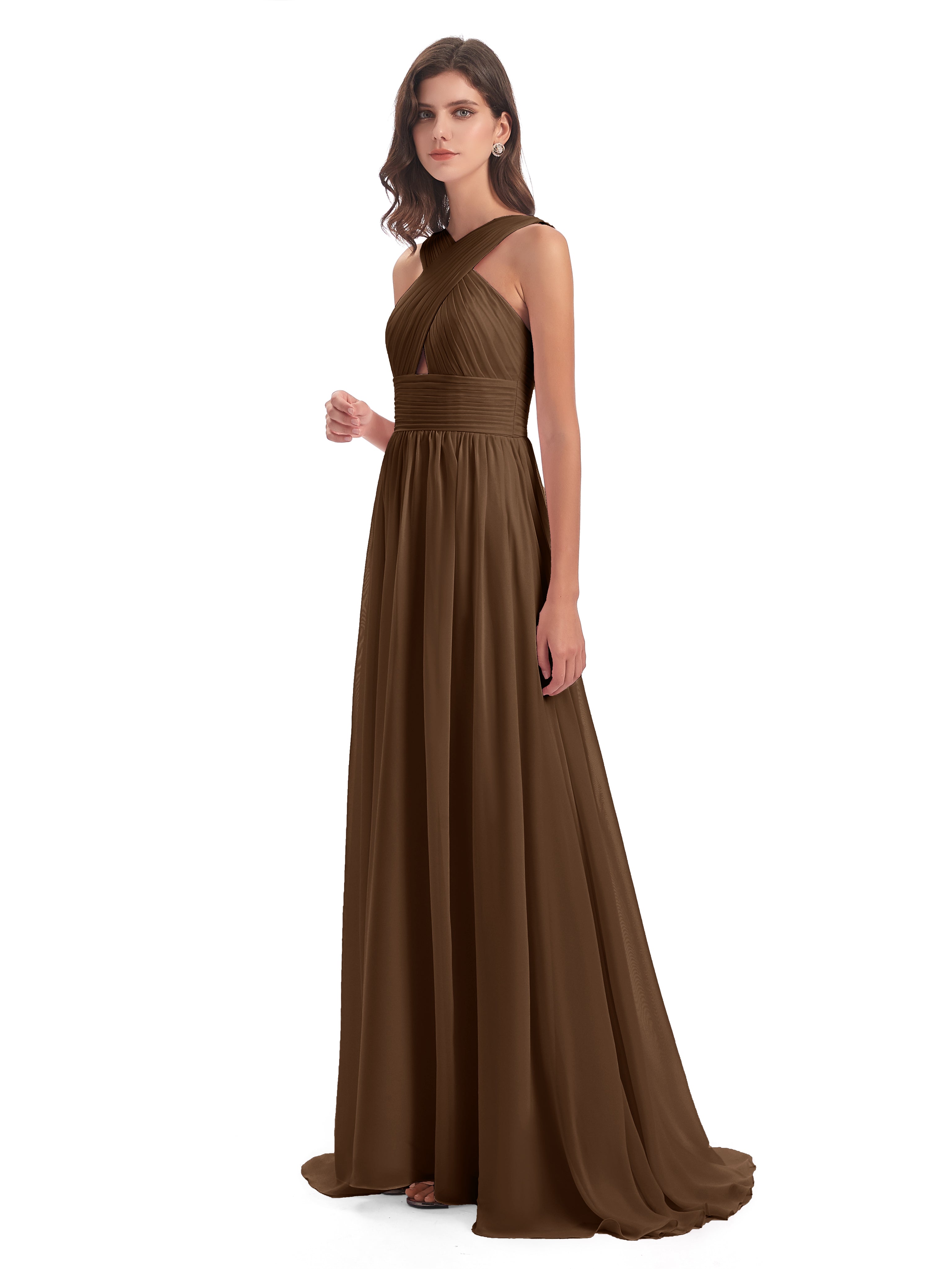 Robe Demoiselle D Honneur Brun Balayage/Pinceau Traîne Bretelle Mousseline Robes Demoiselle D'Honneur