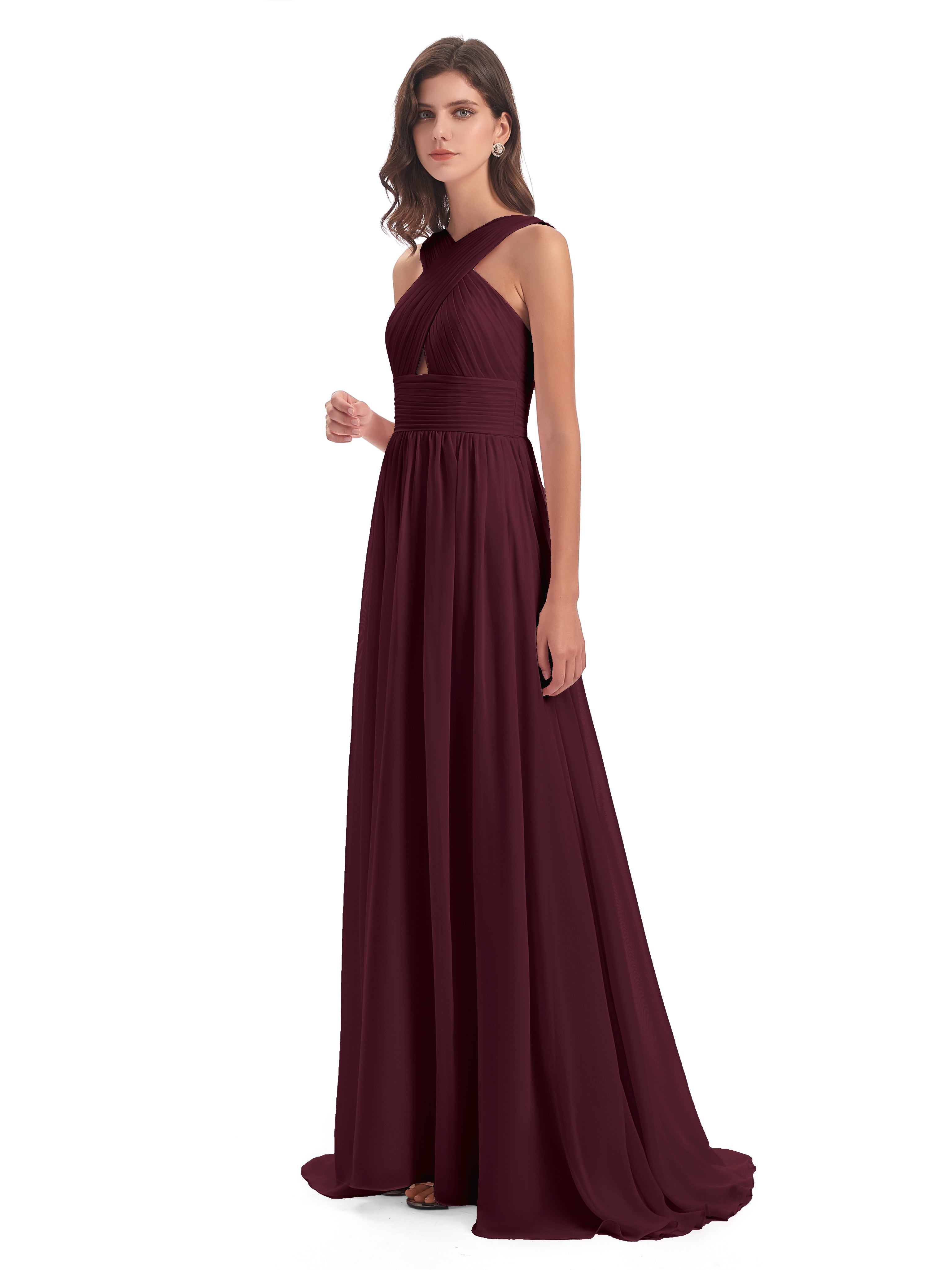 Robes De Demoiselle D'Honneur Cabernet Balayage/Pinceau Traîne Bretelle Mousseline Robes Demoiselle D'Honneur
