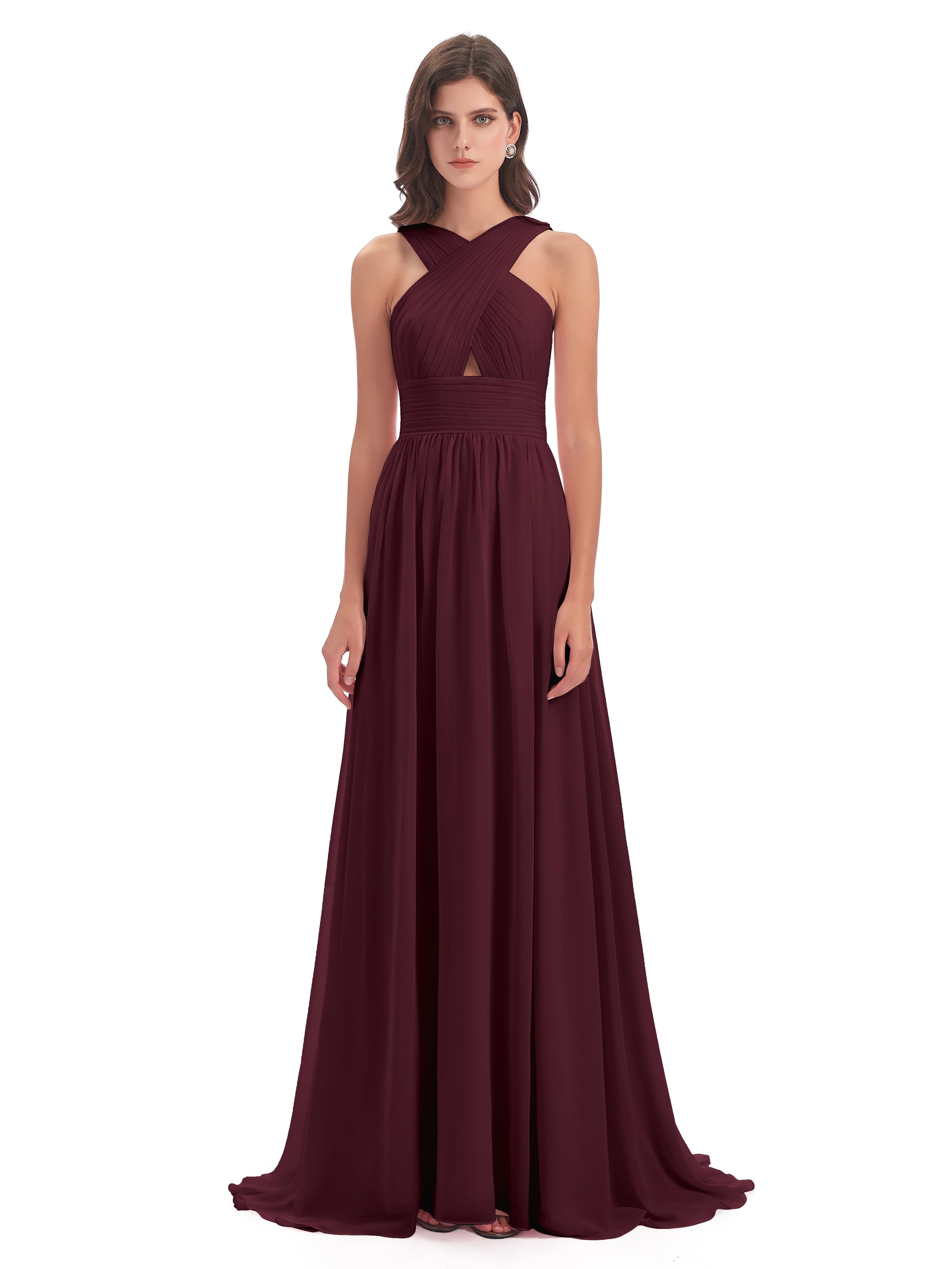 Robes De Demoiselle D'Honneur Cabernet Balayage/Pinceau Traîne Bretelle Mousseline Robes Demoiselle D'Honneur
