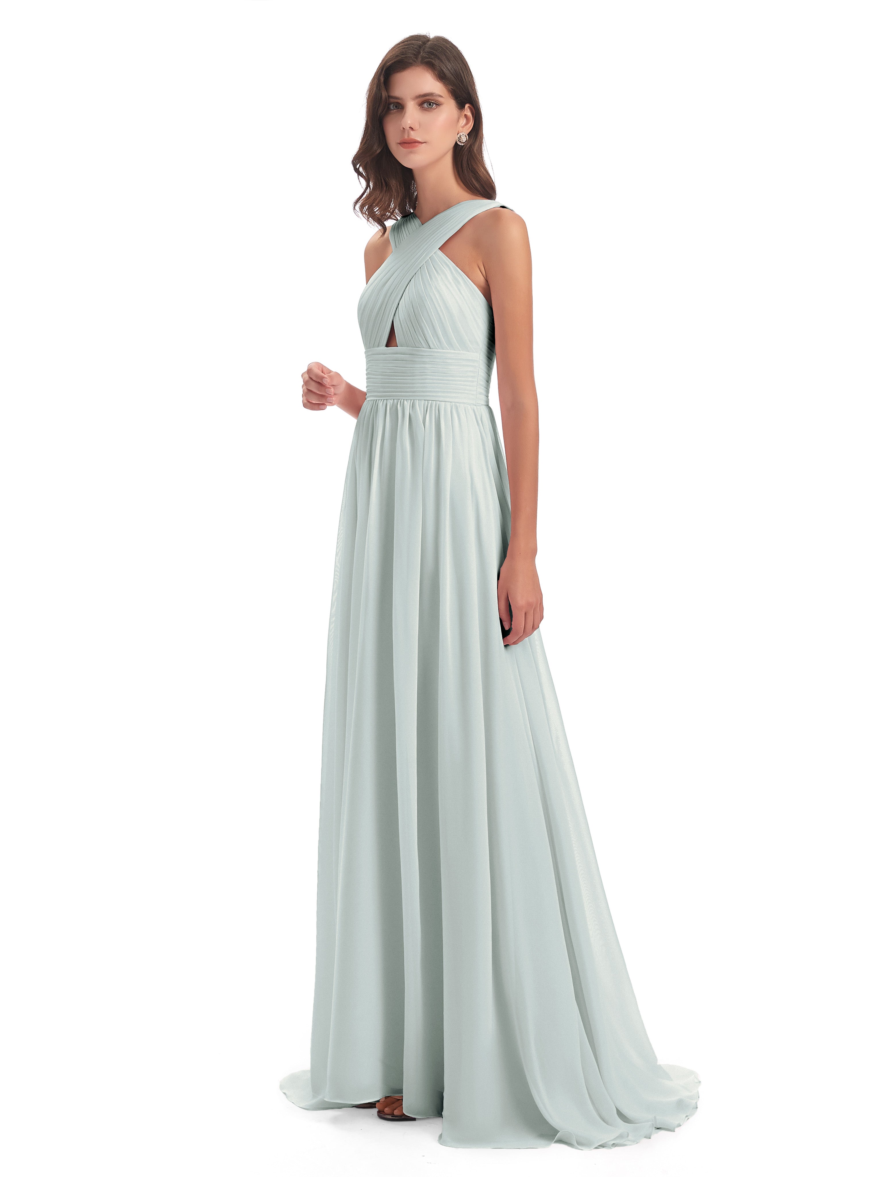 Robe Demoiselle D Honneur Celadon Balayage/Pinceau Traîne Bretelle Mousseline Robes Demoiselle D'Honneur