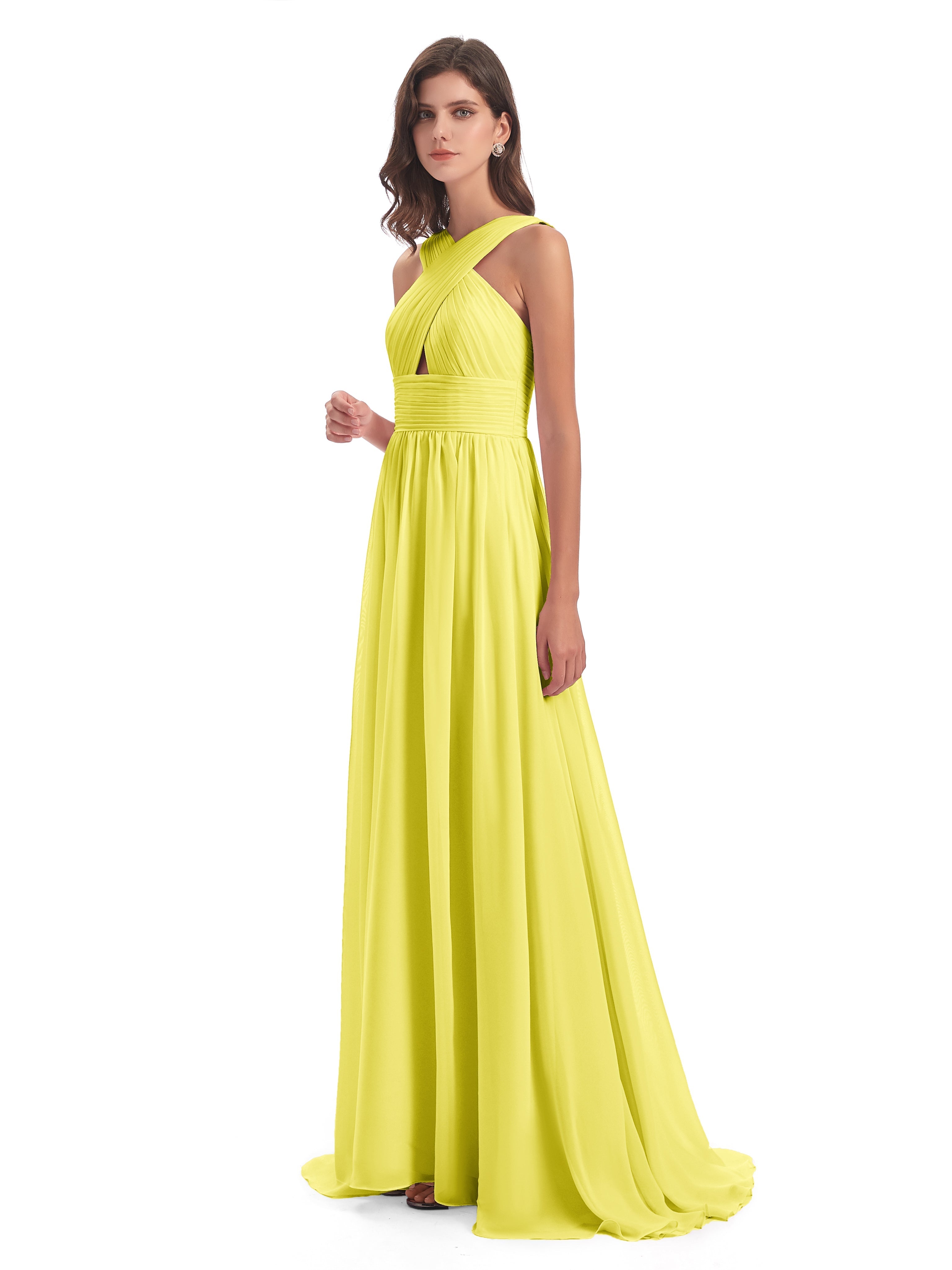 Robes De Demoiselle D'Honneur Citron Balayage/Pinceau Traîne Bretelle Mousseline Robes Demoiselle D'Honneur