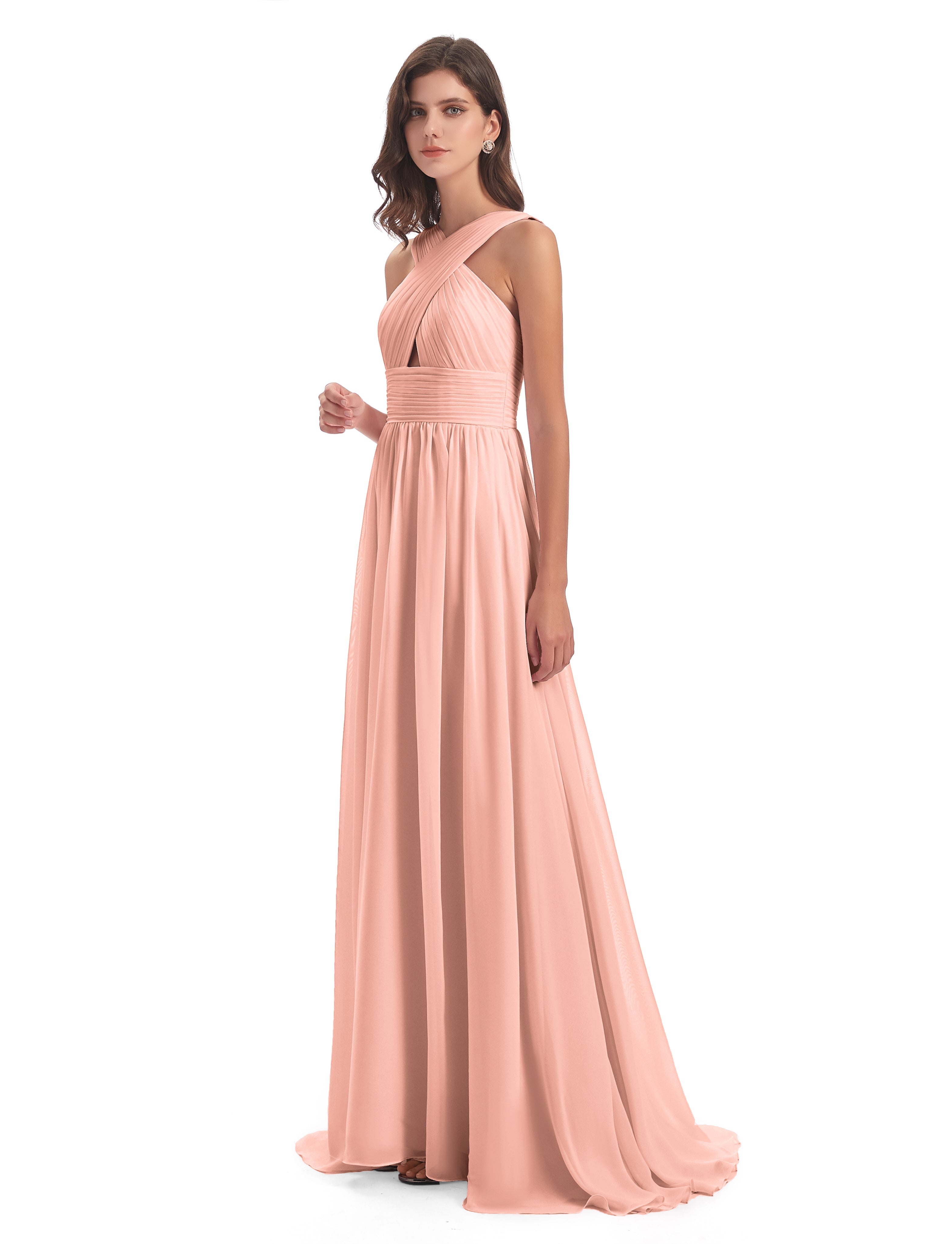 Robe Demoiselle D Honneur Corail Balayage/Pinceau Traîne Bretelle Mousseline Robes Demoiselle D'Honneur