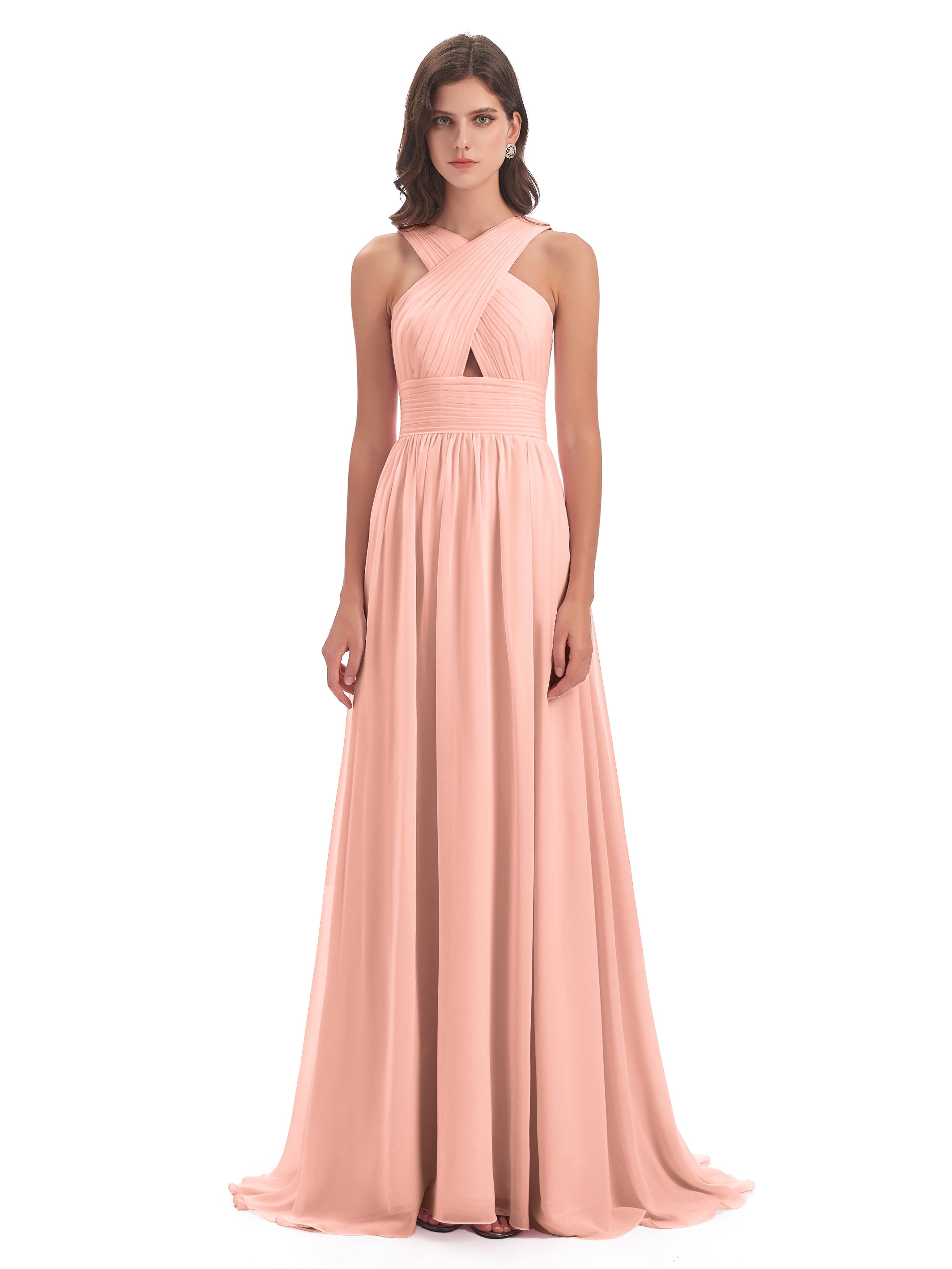 Robe Demoiselle D Honneur Corail Balayage/Pinceau Traîne Bretelle Mousseline Robes Demoiselle D'Honneur