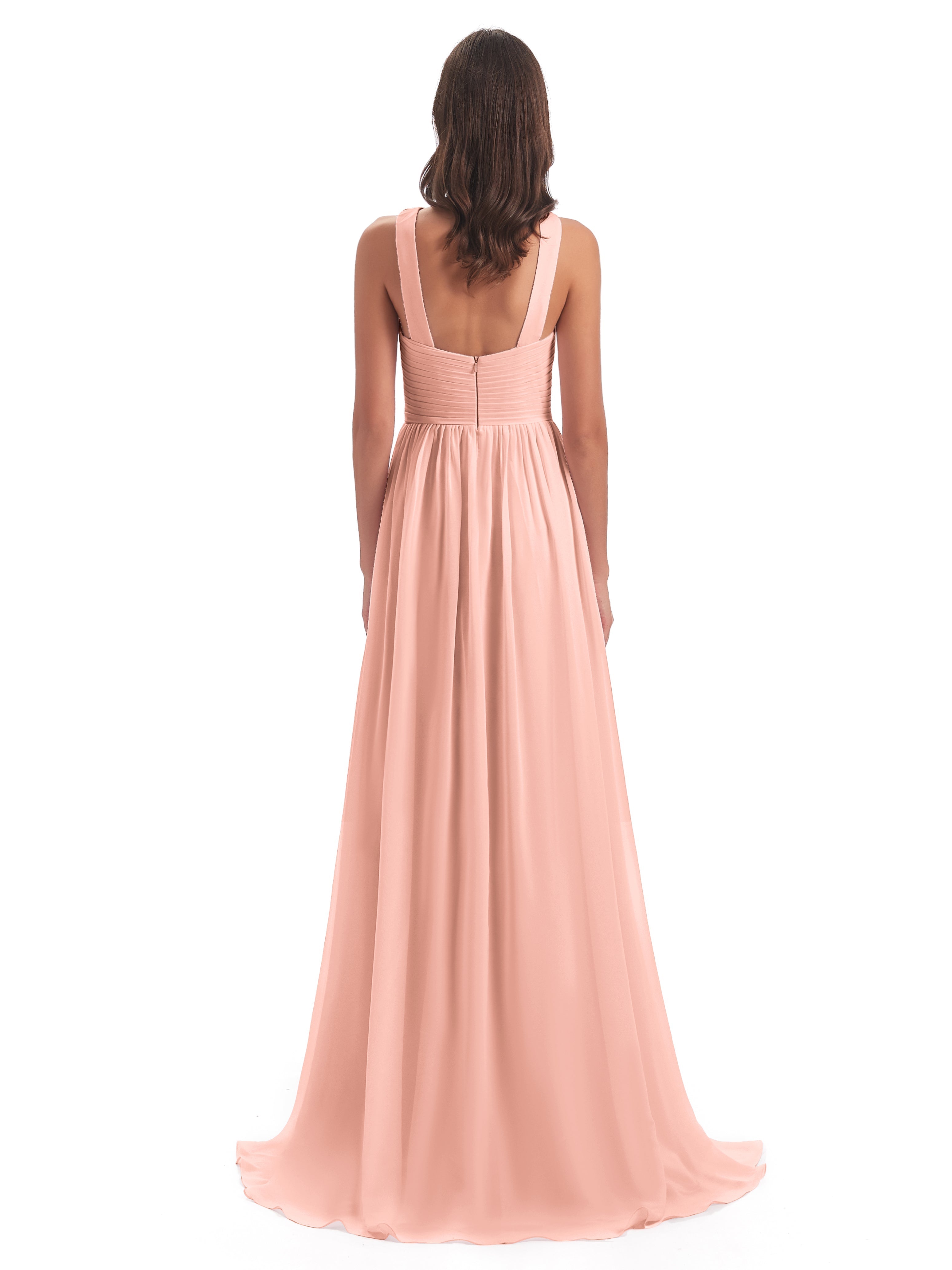 Robe Demoiselle D Honneur Corail Balayage/Pinceau Traîne Bretelle Mousseline Robes Demoiselle D'Honneur