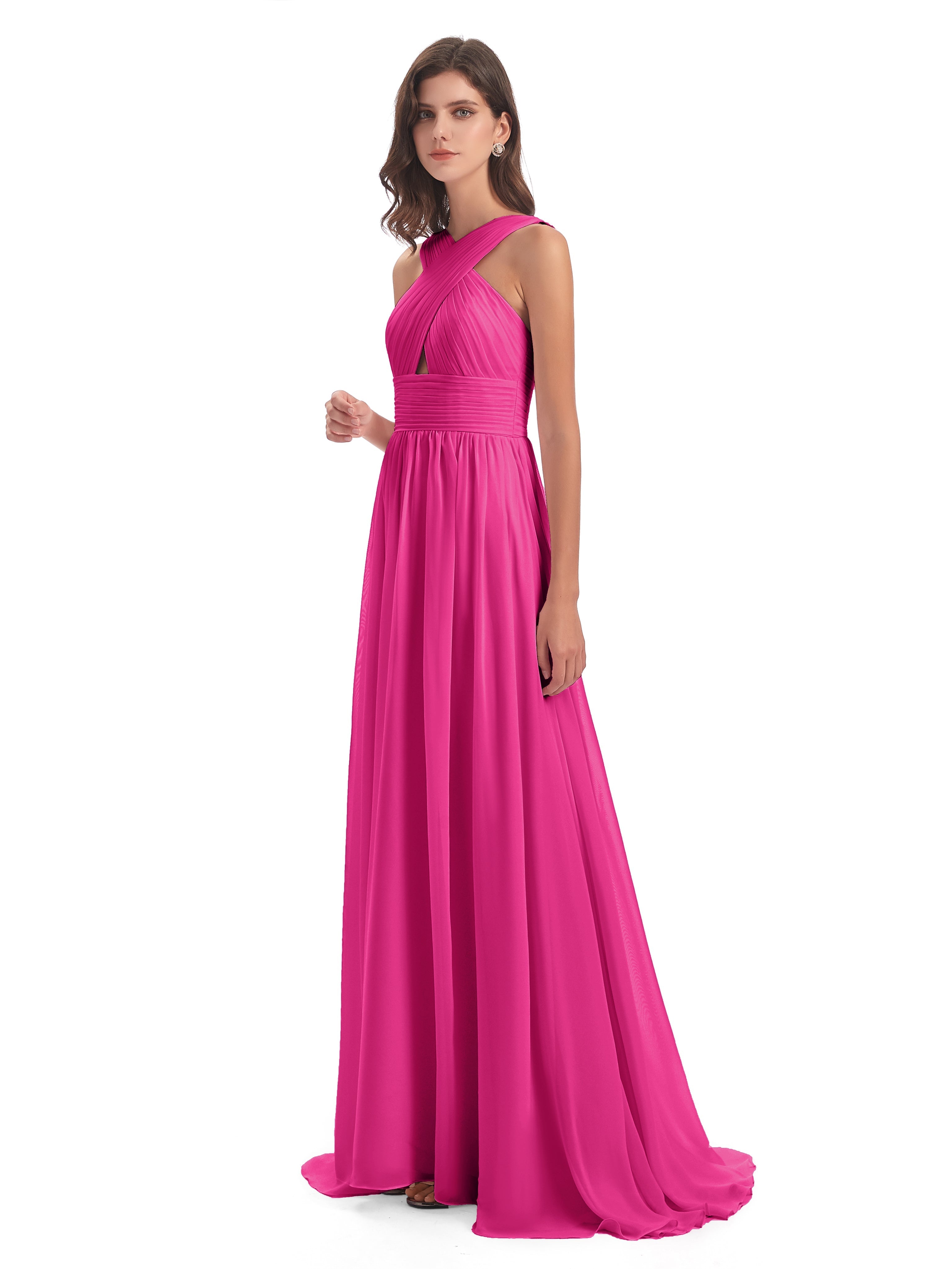Robes De Demoiselle D'Honneur Couleur Rose Fuchsia Balayage/Pinceau Traîne Bretelle Mousseline Robes Demoiselle D'Honneur