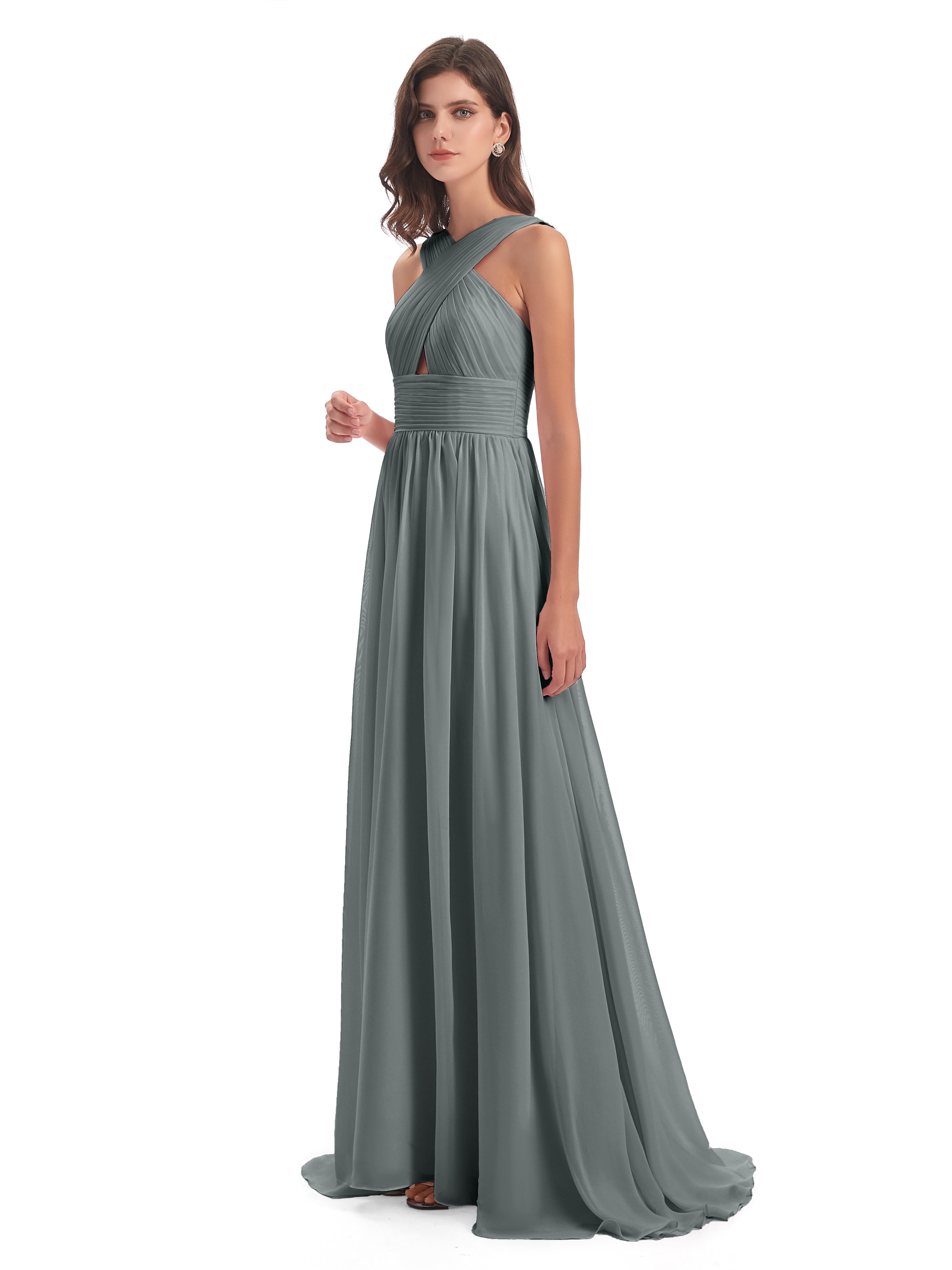 Robe Demoiselle D Honneur Grise Balayage/Pinceau Traîne Bretelle Mousseline Robes Demoiselle D'Honneur