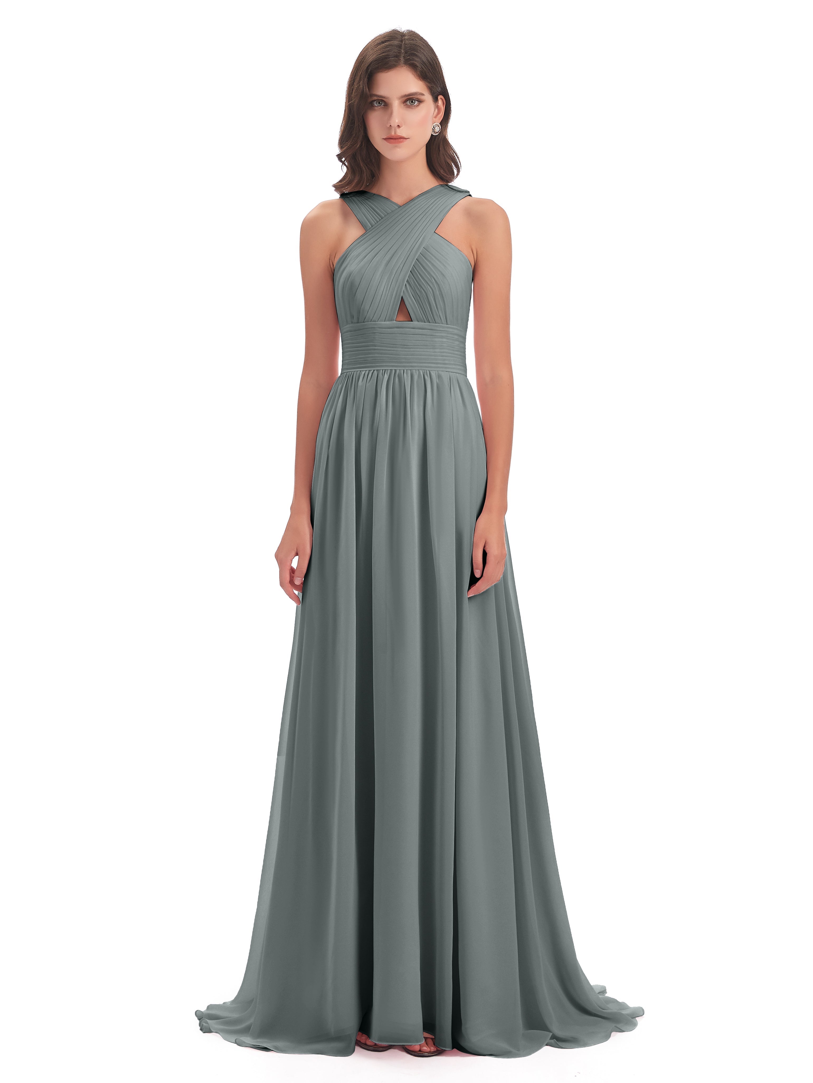 Robe Demoiselle D Honneur Grise Balayage/Pinceau Traîne Bretelle Mousseline Robes Demoiselle D'Honneur