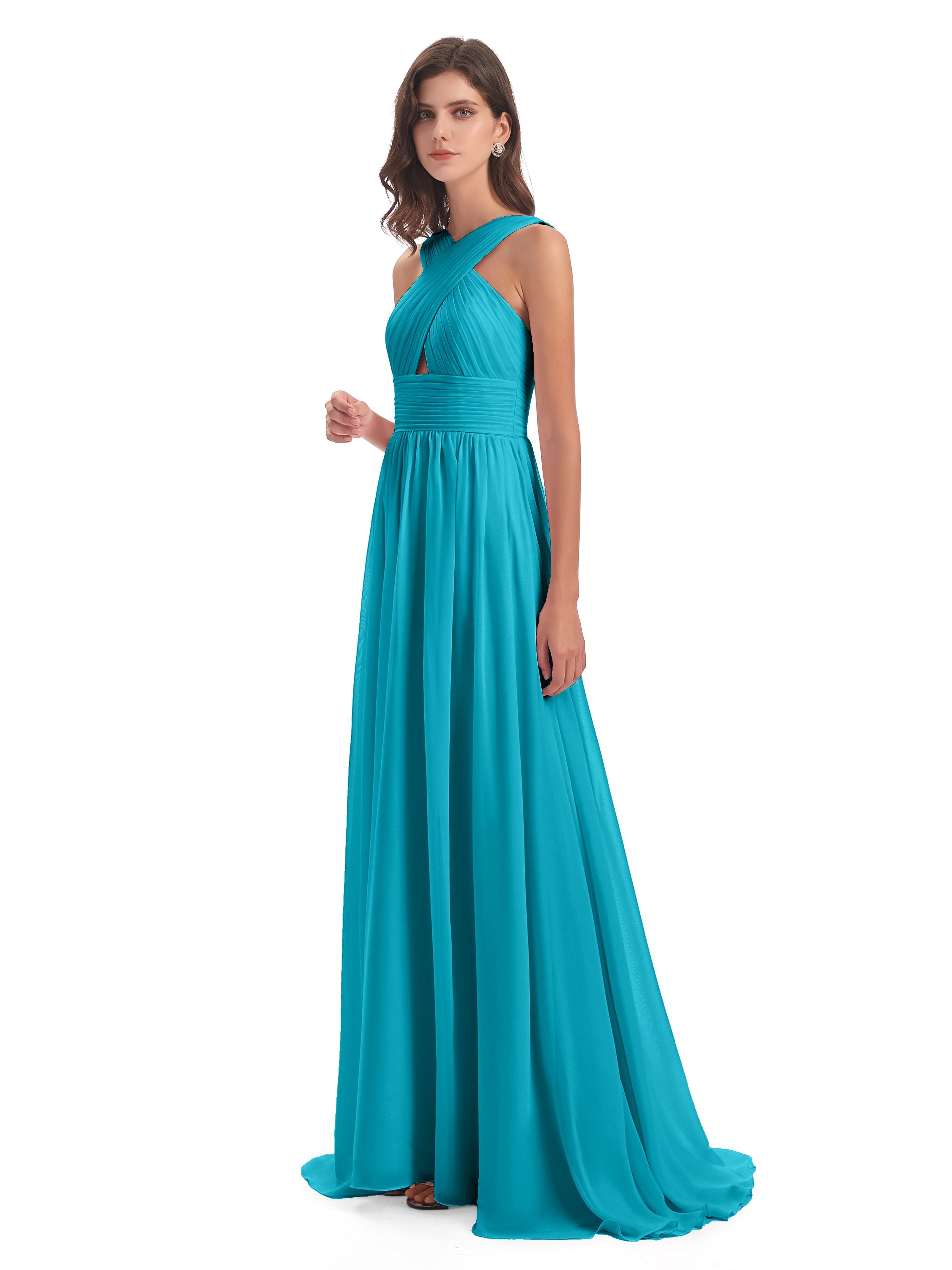 Robes De Demoiselle D'Honneur Vert Jade Balayage/Pinceau Traîne Bretelle Mousseline Robes Demoiselle D'Honneur
